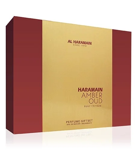 Amber Oud Ruby Edition set de regalo unisex Eau de Parfum 75 ml + Eau de Parfum 30 ml + desodorante en spray 200 ml