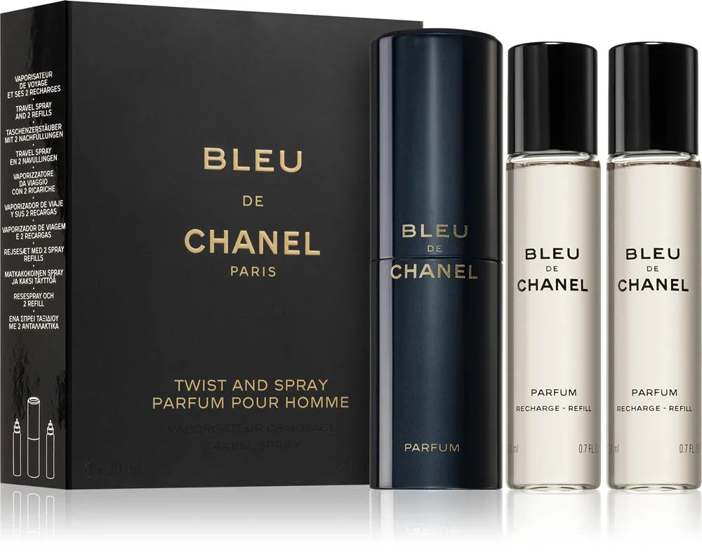 Bleu de Chanel vaporizador de bolsillo recargable 20 ml + 2 x recarga de perfume para hombre