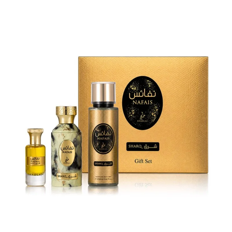 Nafais Sharq agua de perfume unisex 100 ml + aceite perfumado 24 ml + spray corporal 250 ml