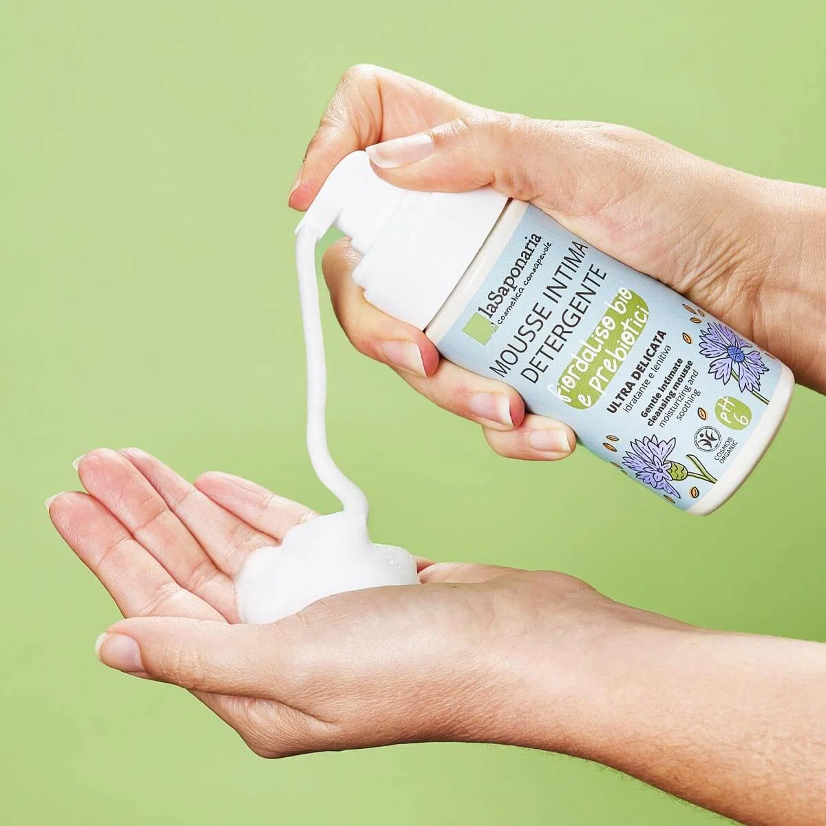 laSaponaria Espuma limpiadora íntima con aciano y prebióticos BIO (100 ml) - apta para niños y para la etapa de la menopausia