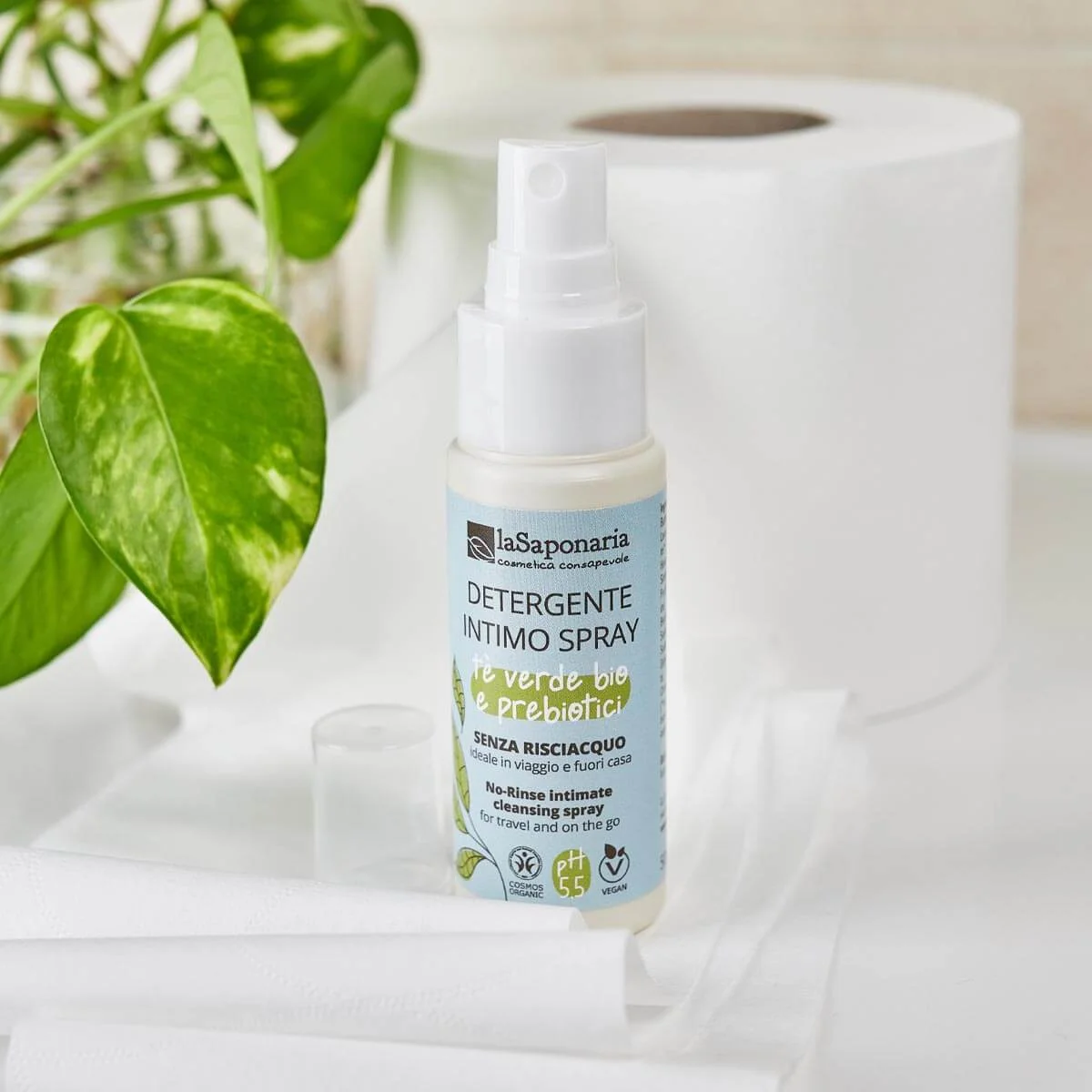 laSaponaria Spray íntimo sin aclarado con té verde BIO (50 ml) - higiene íntima rápida en cualquier momento y lugar