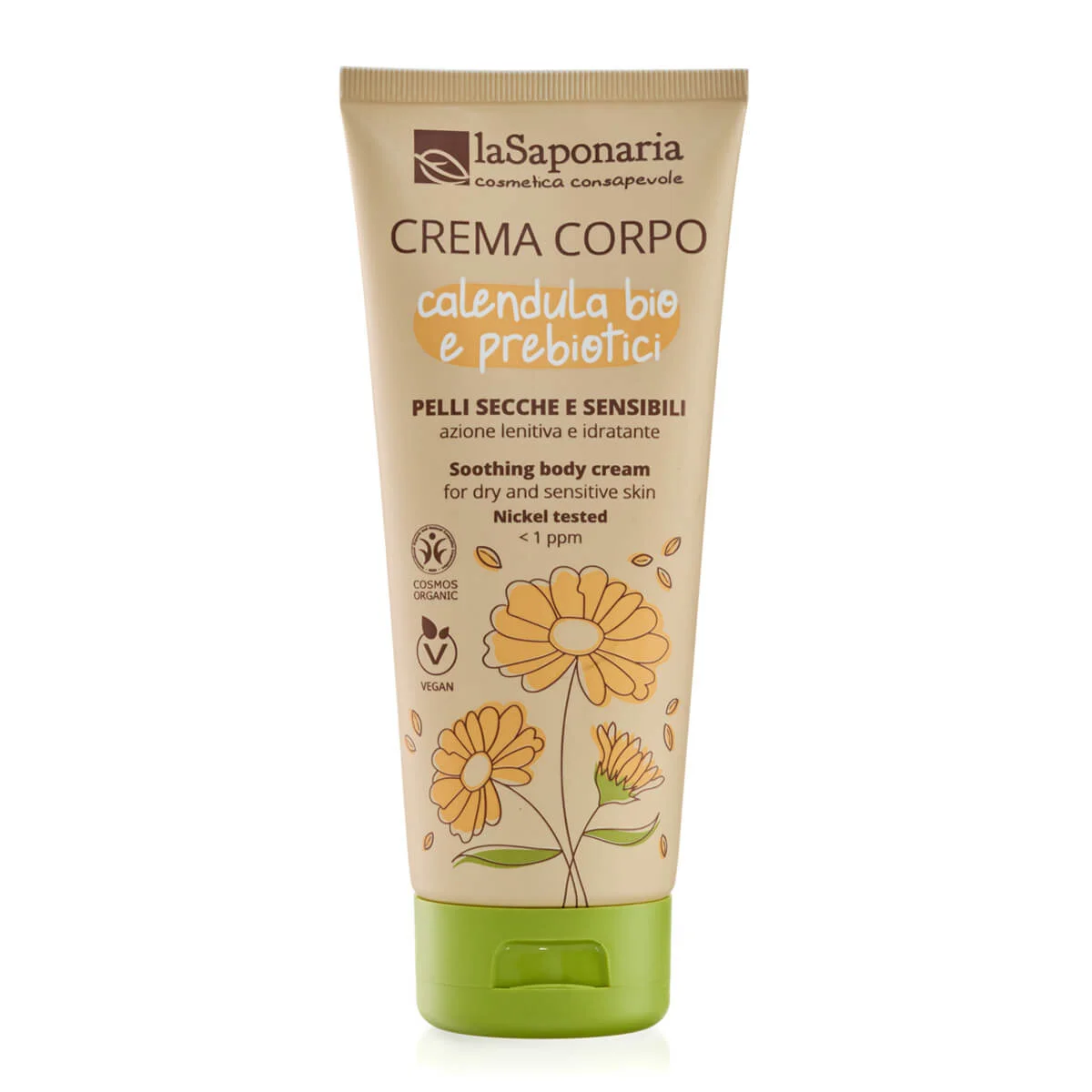 laSaponaria Crema corporal con caléndula BIO y prebióticos para piel sensible (200 ml) - nutre, calma e hidrata
