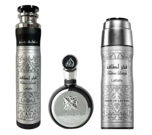 Lattafa Fakhar Man estuche de regalo - 100 ml + spray perfumado 200 ml + ambientador agua de perfume