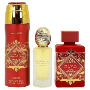 Lattafa Badee Al Oud Sublime set de regalo - 100 ml + spray perfumado 200 ml + bruma capilar eau de parfum