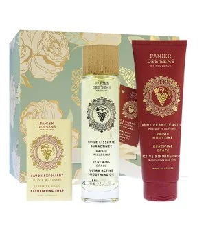 Panier Des Sens Renewing Grape set de regalo jabón exfoliante 150 g + aceite corporal seco 100 ml + crema corporal reafirmante