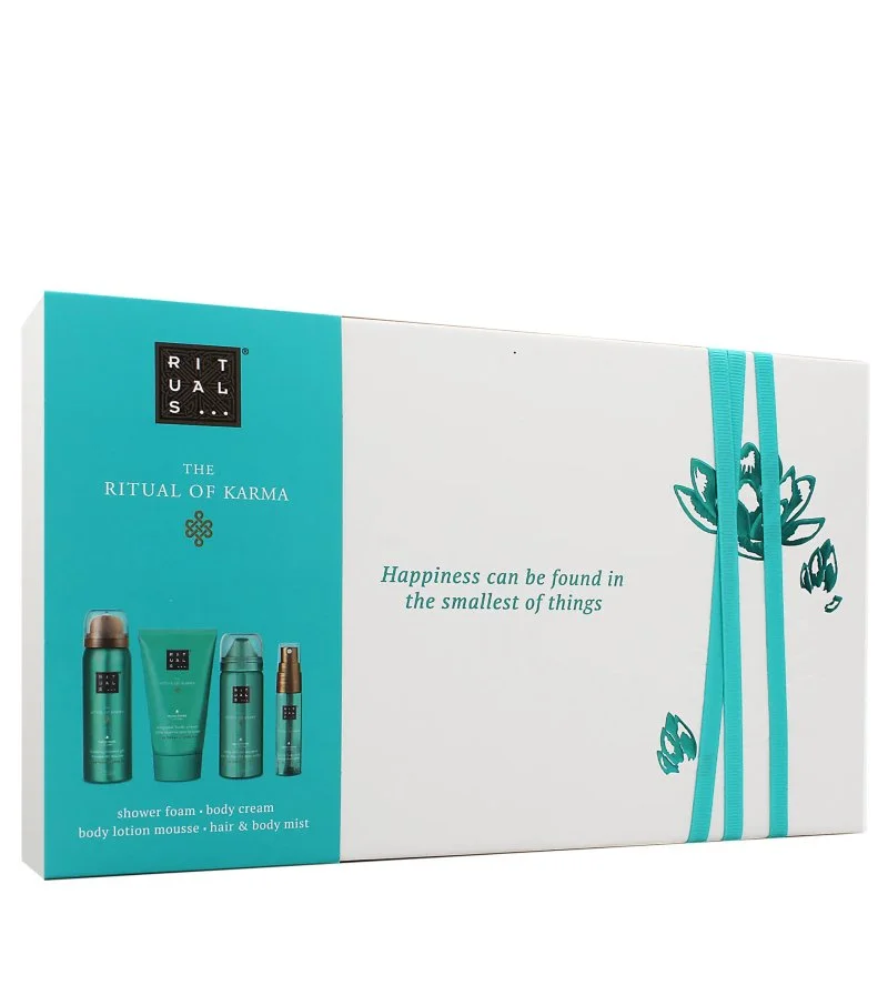 The Ritual of Karma set de regalo gel de ducha 50 ml + bruma corporal y capilar 20 ml + espuma corporal 50 ml + crema corporal
