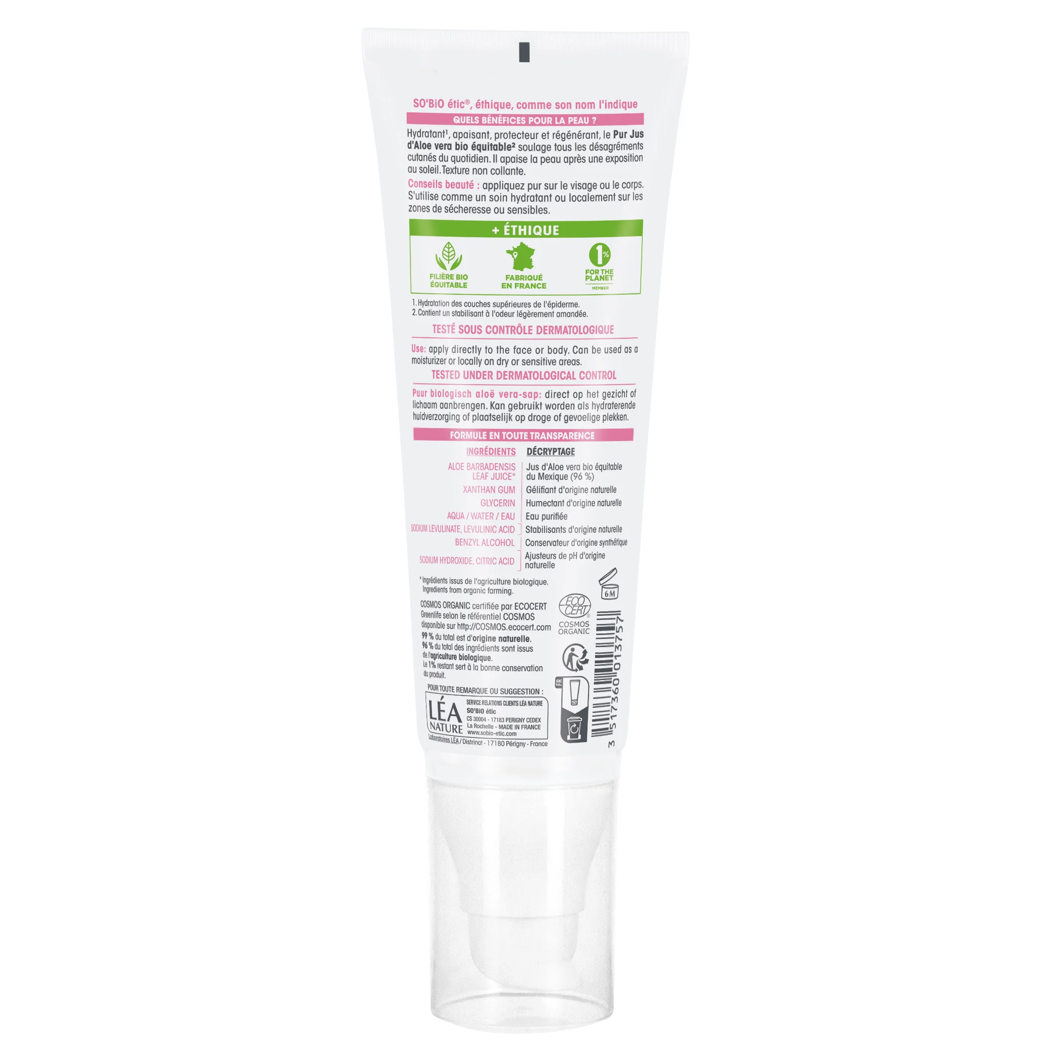 SO’BiO étic Gel de aloe vera - hipoalergénico BIO (125 ml) - hidratación intensa y efecto calmante para la piel
