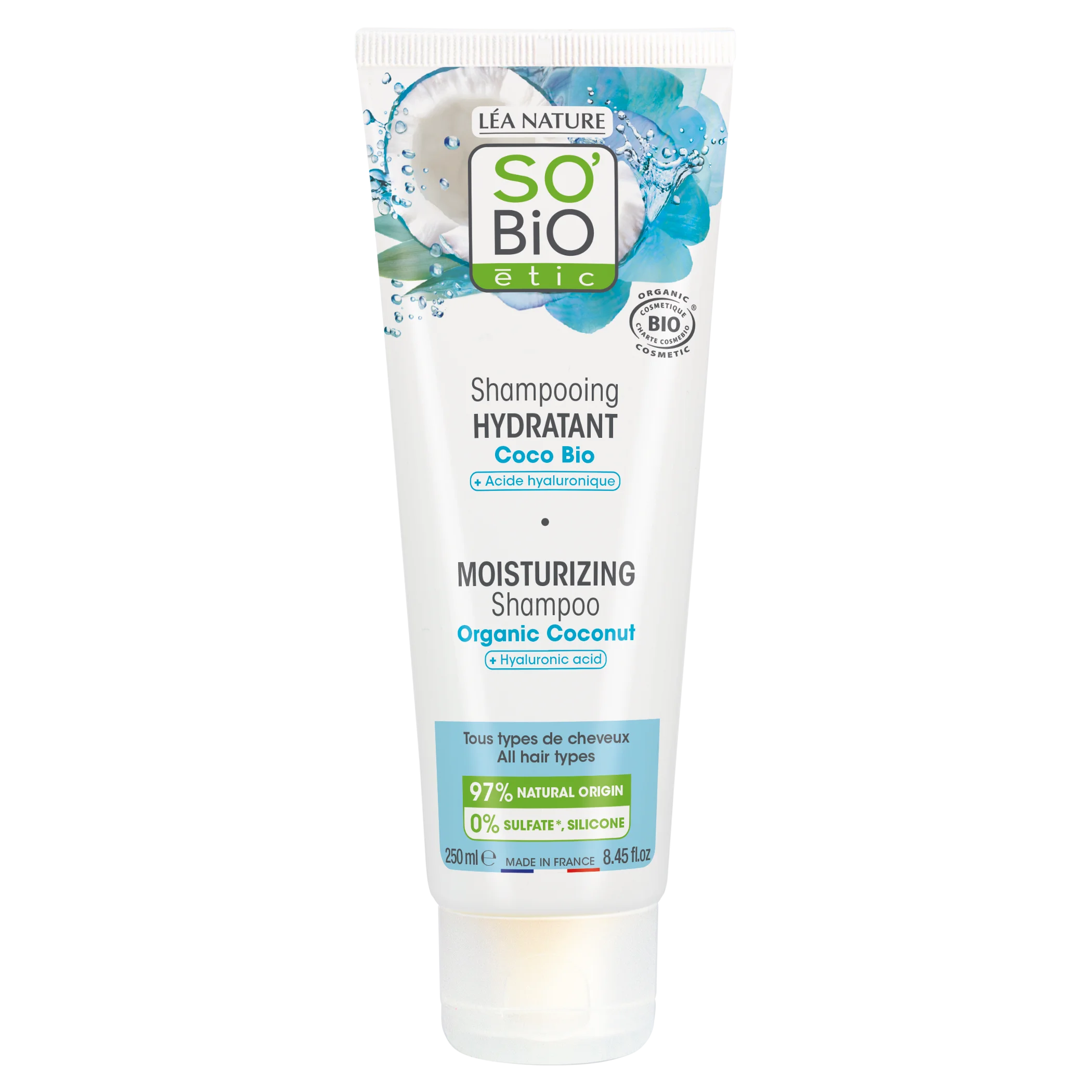 SO’BiO étic Champú hidratante de coco y ácido hialurónico BIO (250 ml) - para todo tipo de cabello