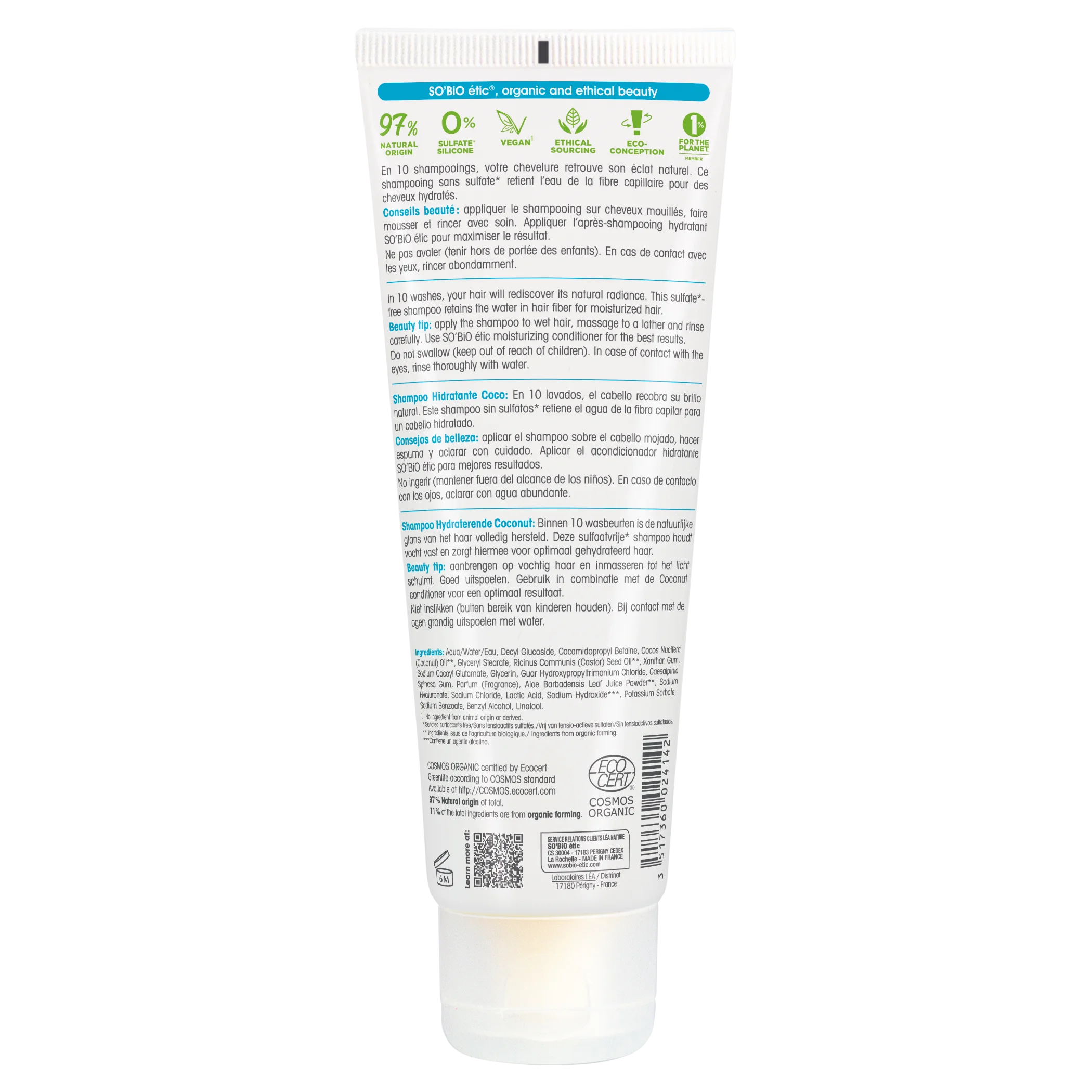 SO’BiO étic Champú hidratante de coco y ácido hialurónico BIO (250 ml) - para todo tipo de cabello