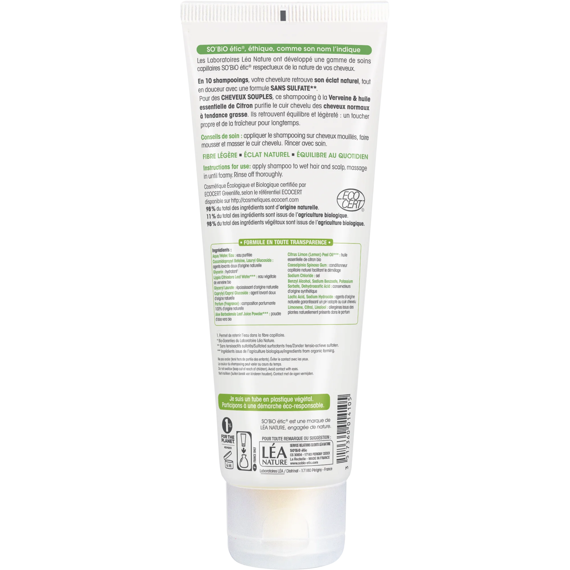 SO’BiO étic Champú suave de verbena y limón BIO (250 ml) - ideal para cabello graso
