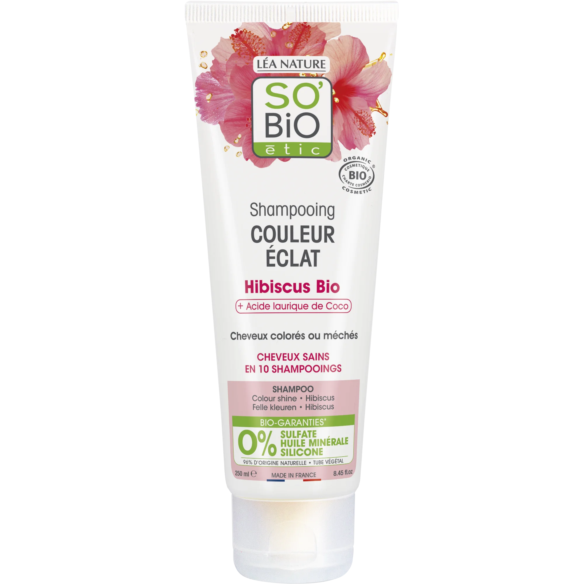 SO’BiO étic Champú con hibisco BIO para cabello teñido y con mechas (250 ml) - mantiene el color radiante