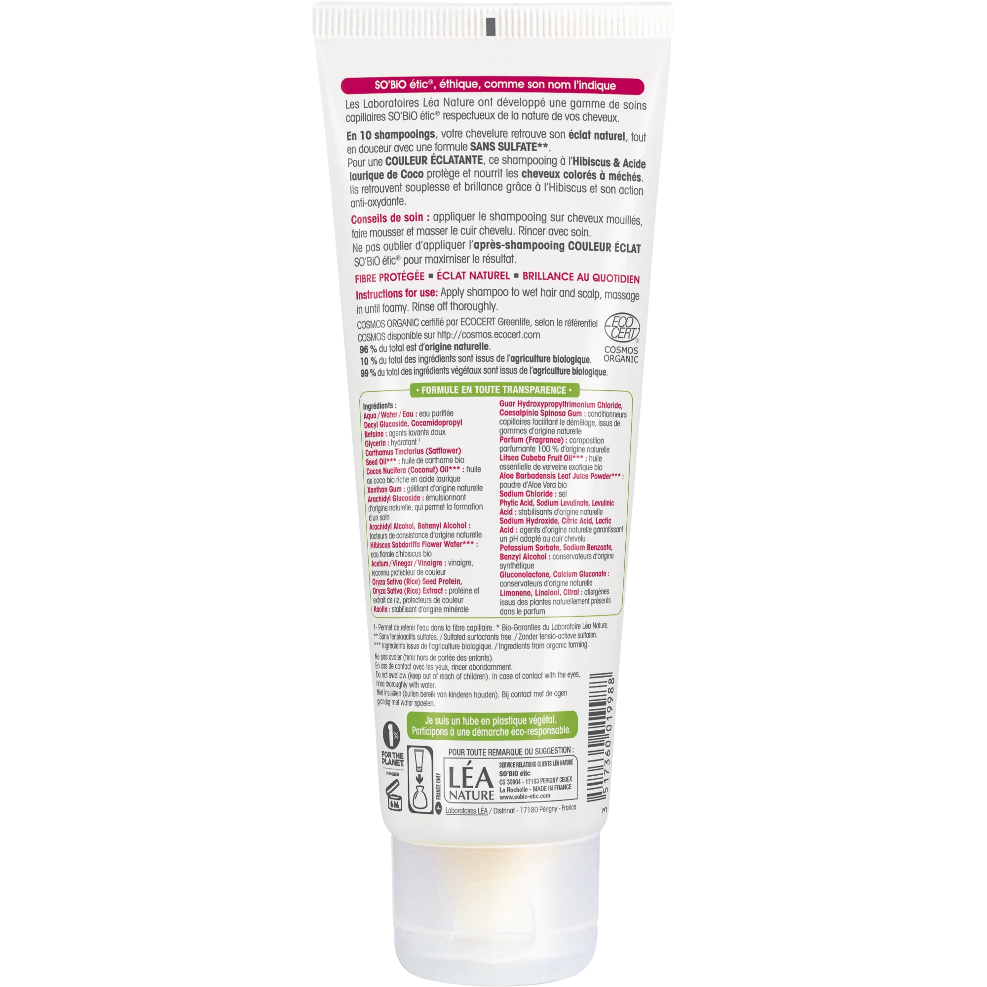 SO’BiO étic Champú con hibisco BIO para cabello teñido y con mechas (250 ml) - mantiene el color radiante