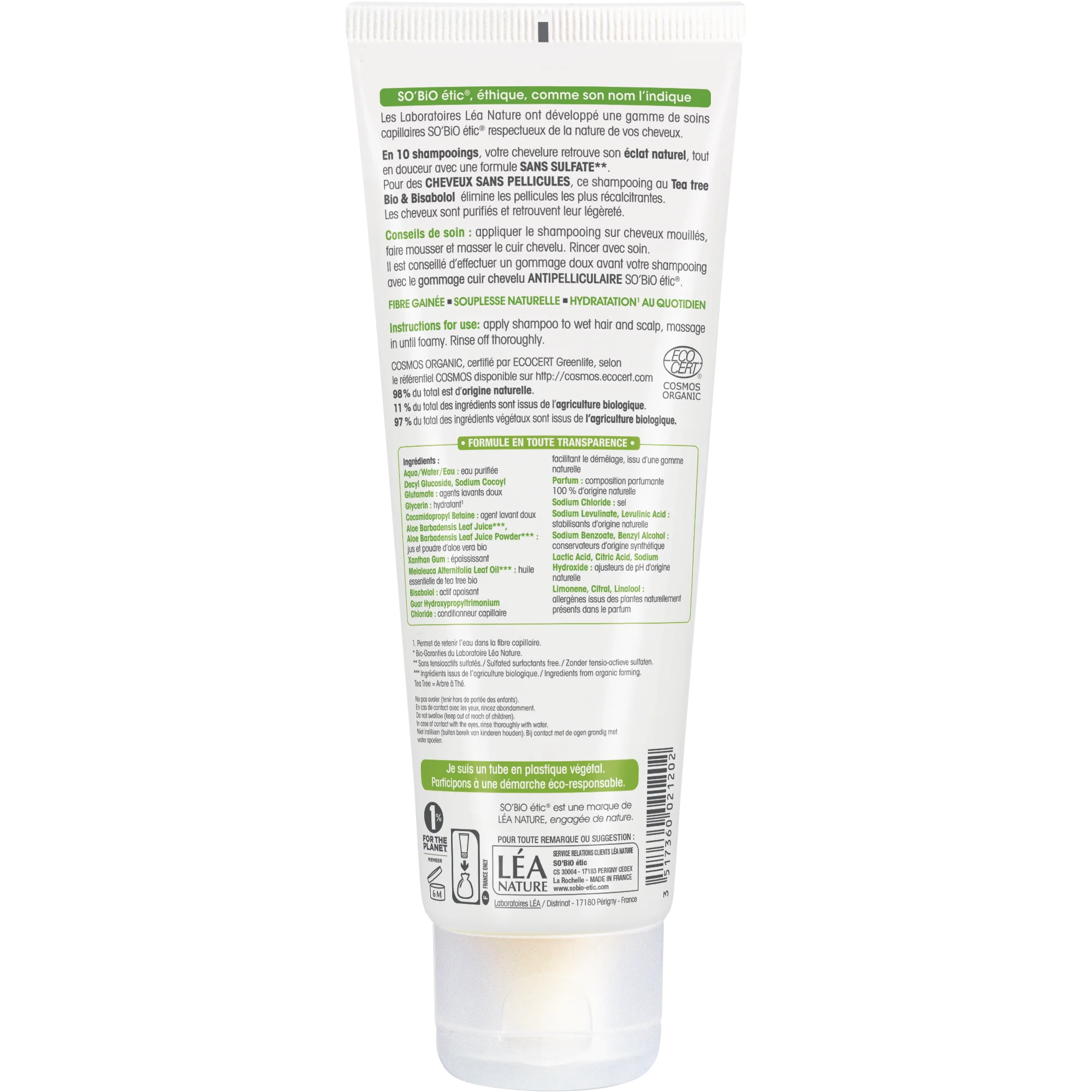 SO’BiO étic Champú anticaspa con árbol del té y bisabolol BIO (250 ml) - con zumo de aloe vera