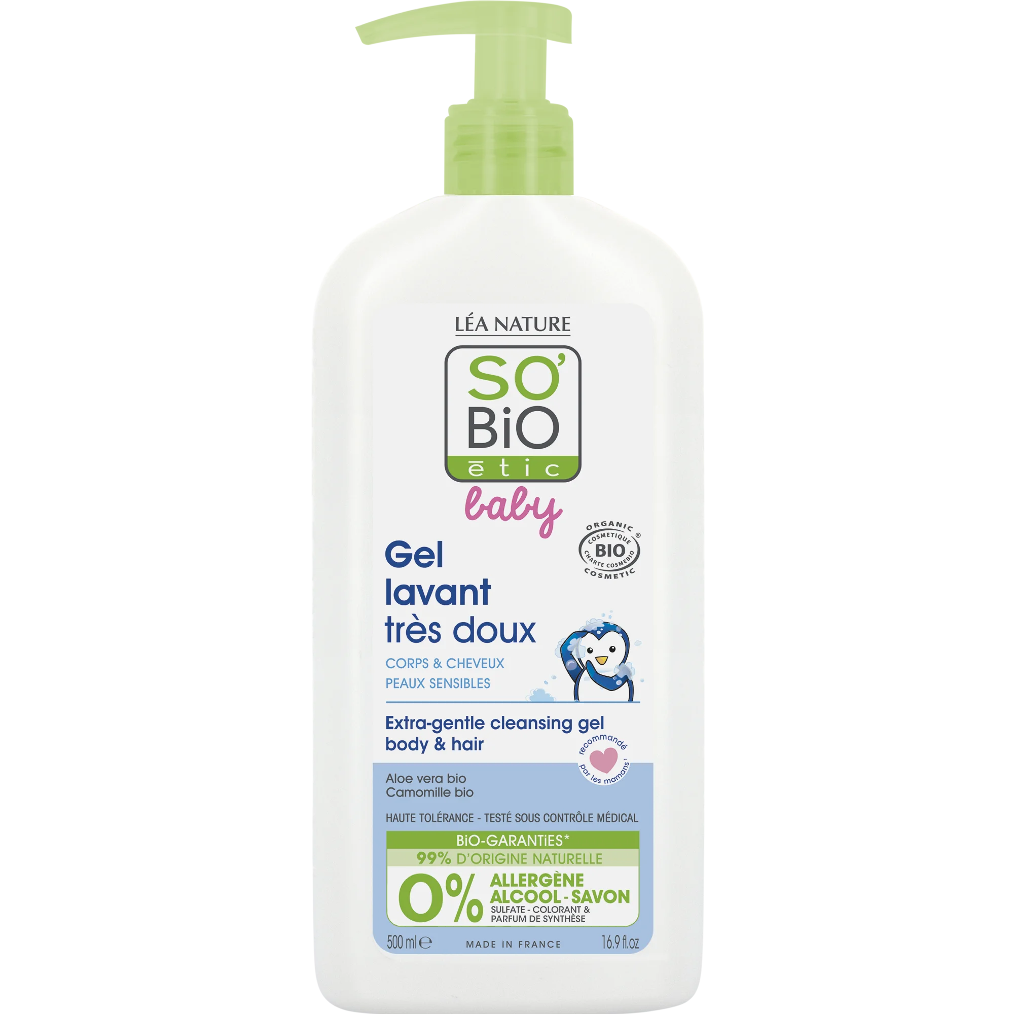SO’BiO étic BABY Gel lavante para niños - extra suave para cuerpo y cabello BIO (500 ml) - no pica en los ojos
