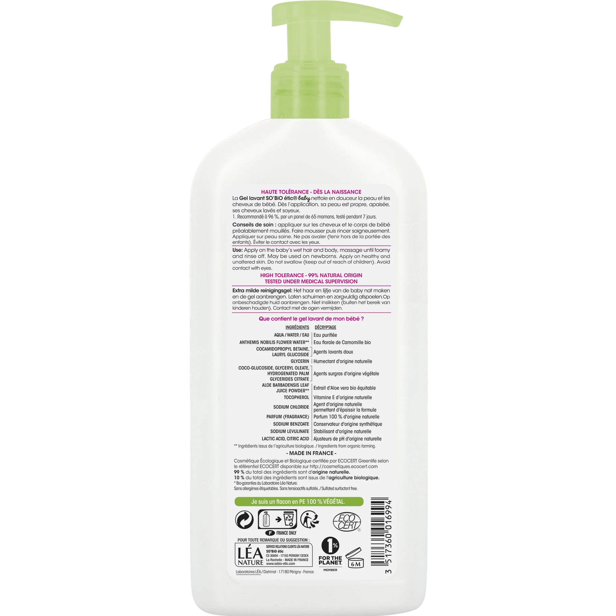 SO’BiO étic BABY Gel lavante para niños - extra suave para cuerpo y cabello BIO (500 ml) - no pica en los ojos