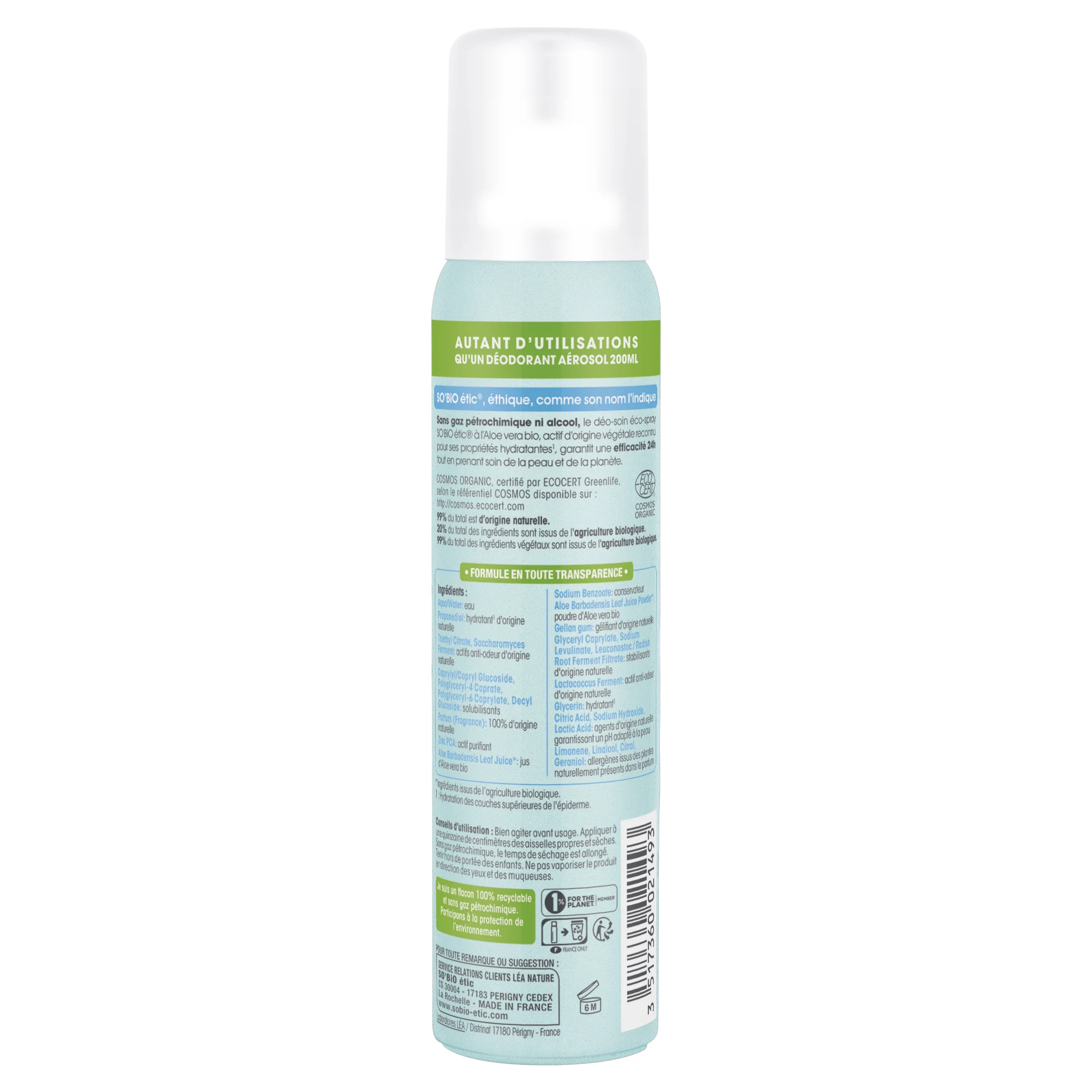 SO’BiO étic Desodorante natural ECO SPRAY 24h - Aloe vera BIO (100 ml) - eficaz hasta 24 horas