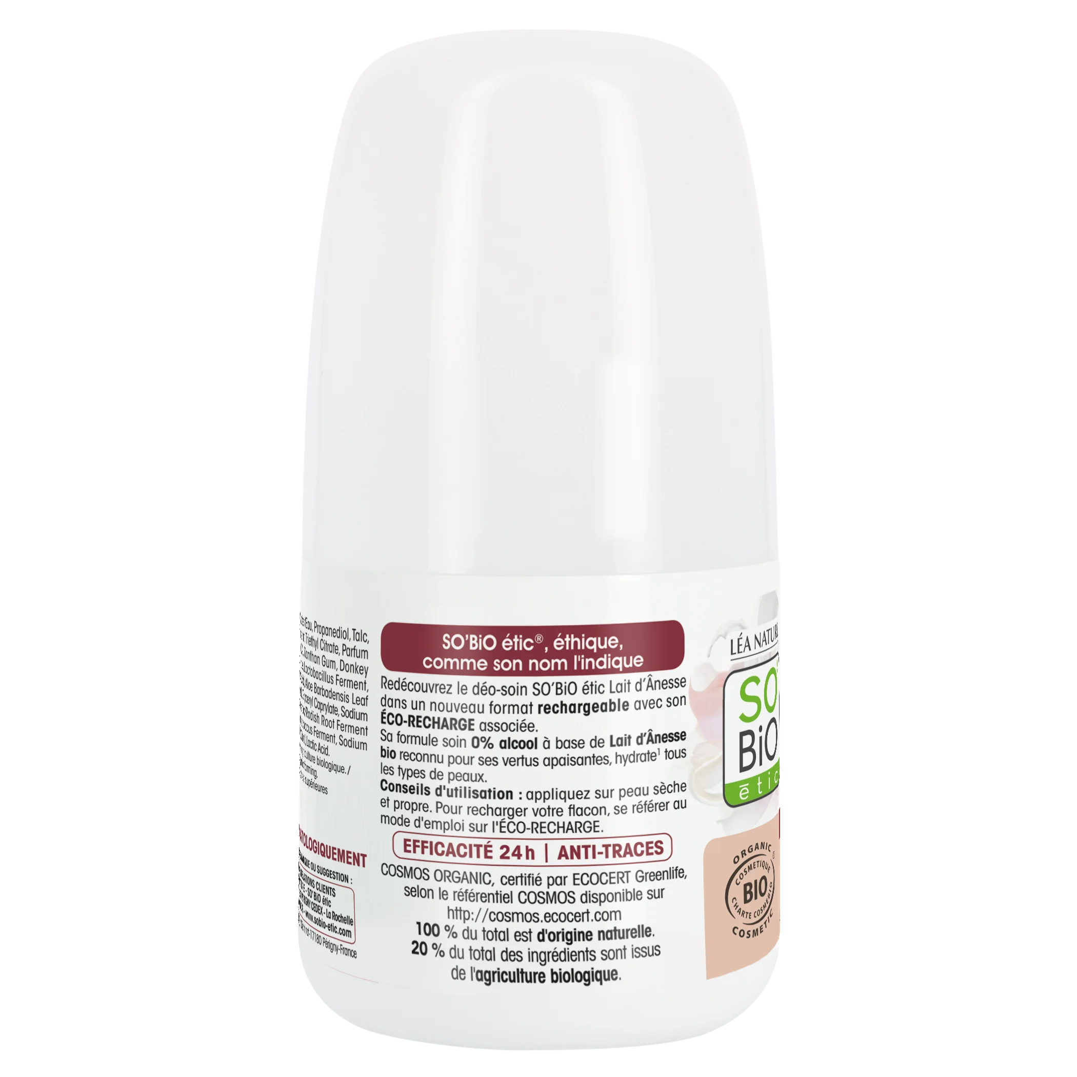 SO’BiO étic Desodorante roll-on hidratante 24 h con leche de burra - recargable BIO (50 ml) - también para pieles sensibles