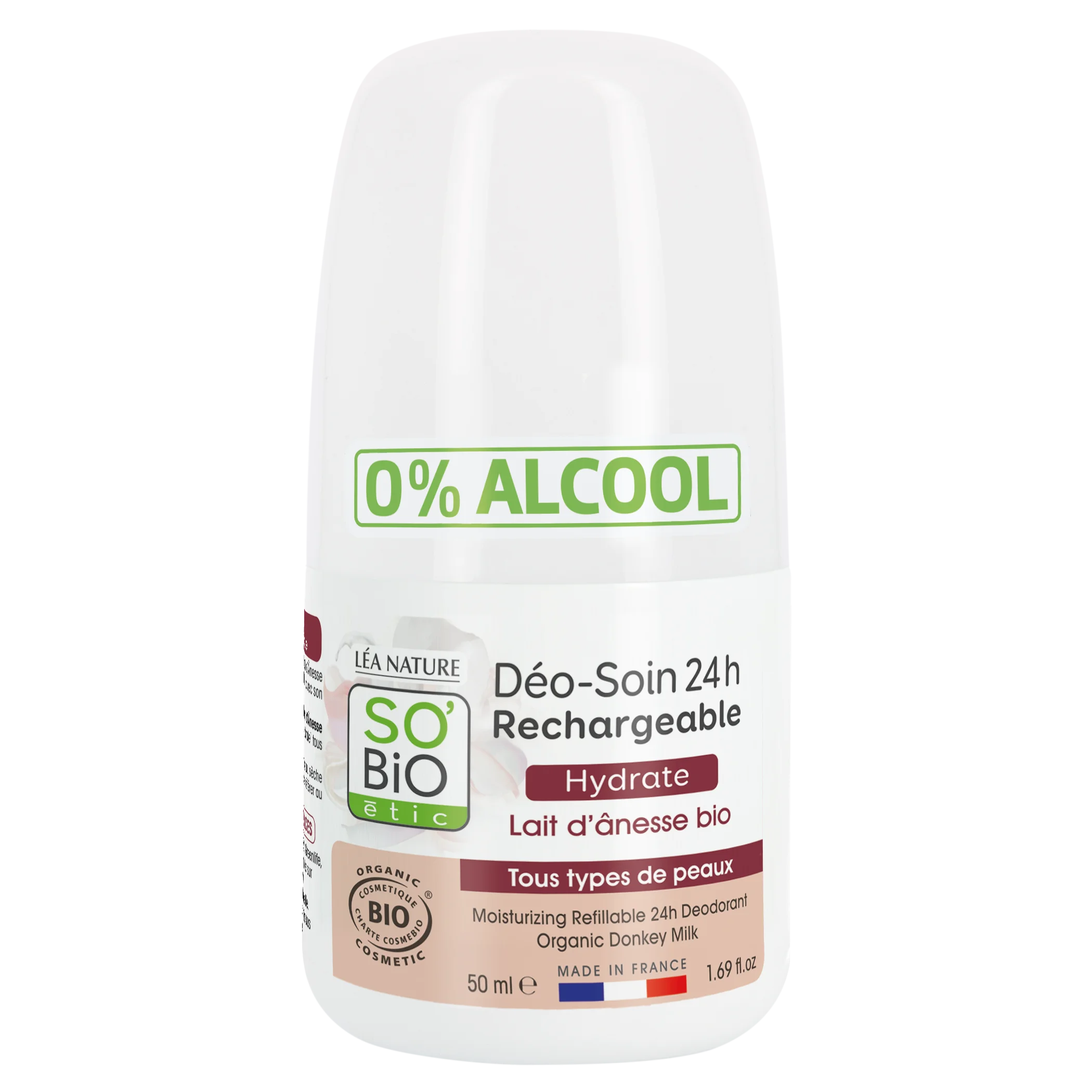 SO’BiO étic Desodorante roll-on hidratante 24 h con leche de burra - recargable BIO (50 ml) - también para pieles sensibles
