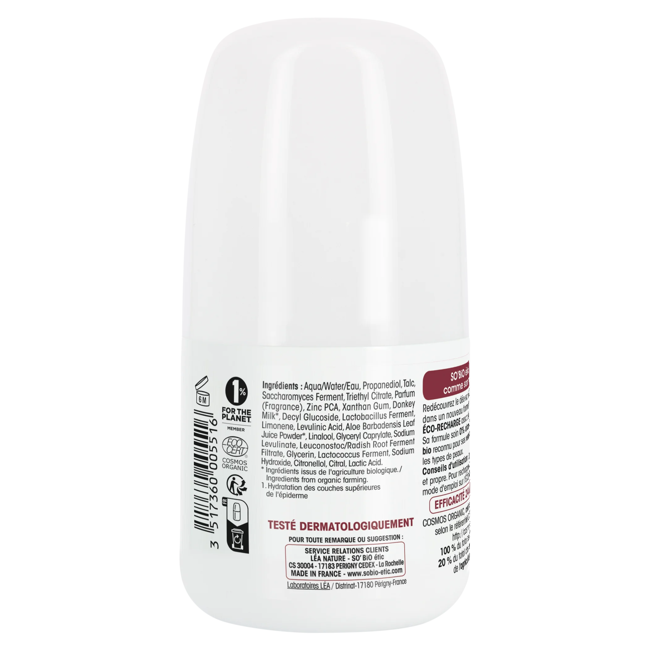 SO’BiO étic Desodorante roll-on hidratante 24 h con leche de burra - recargable BIO (50 ml) - también para pieles sensibles