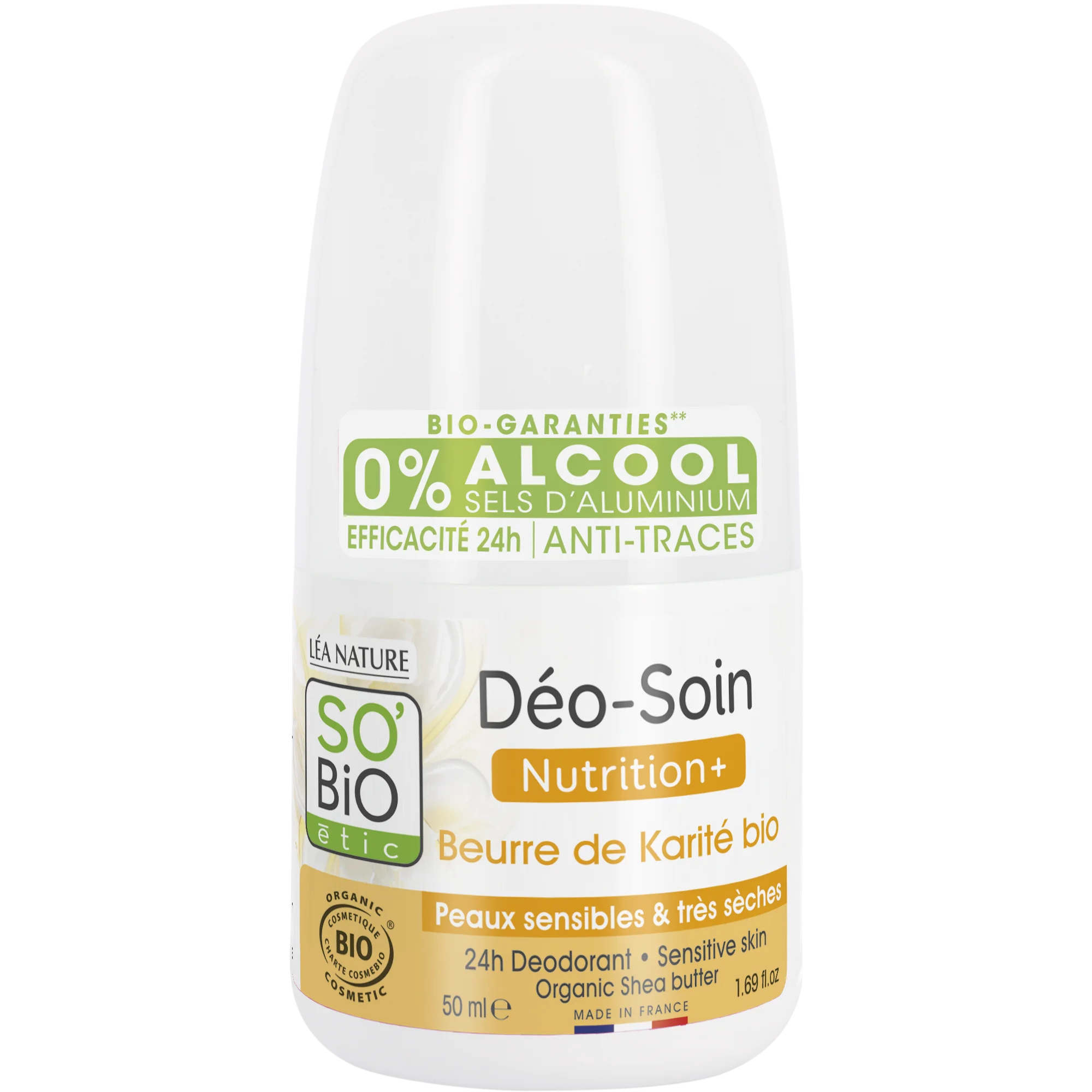 SO’BiO étic Desodorante roll-on 24h Nutrition+ con manteca de karité BIO (50 ml) - eficaz hasta 24 horas