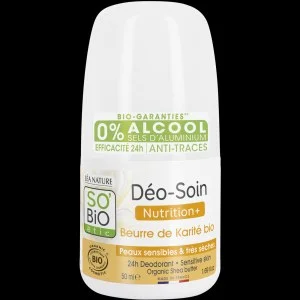 SO’BiO étic Desodorante roll-on 24h Nutrition+ con manteca de karité BIO (50 ml) - eficaz hasta 24 horas