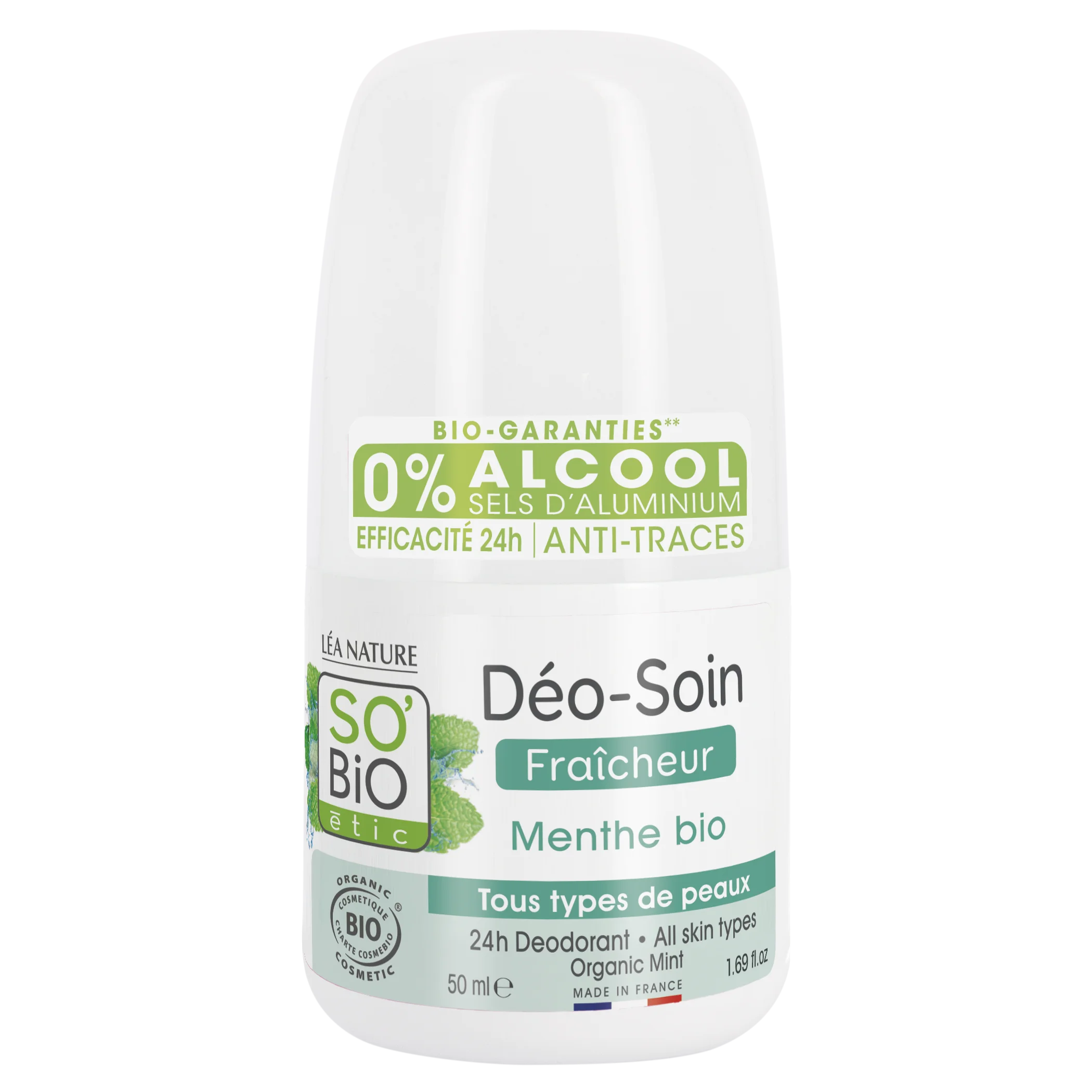 SO’BiO étic Desodorante roll-on 24h refrescante con menta BIO (50 ml) - eficaz hasta 24 horas