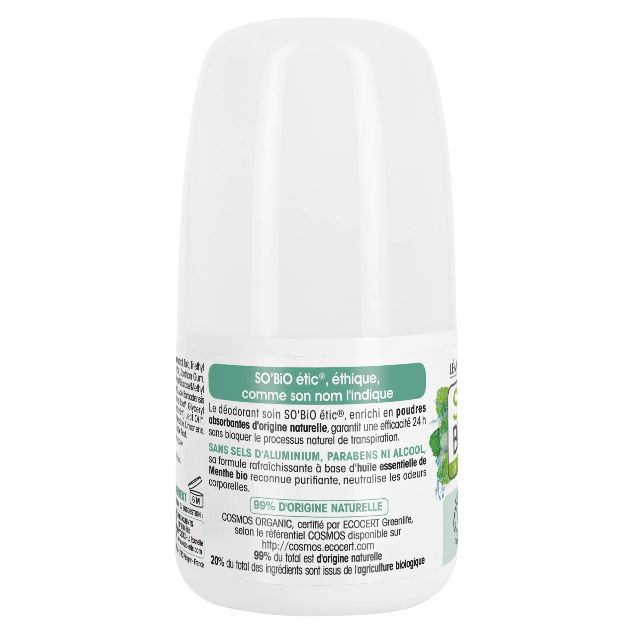 SO’BiO étic Desodorante roll-on 24h refrescante con menta BIO (50 ml) - eficaz hasta 24 horas