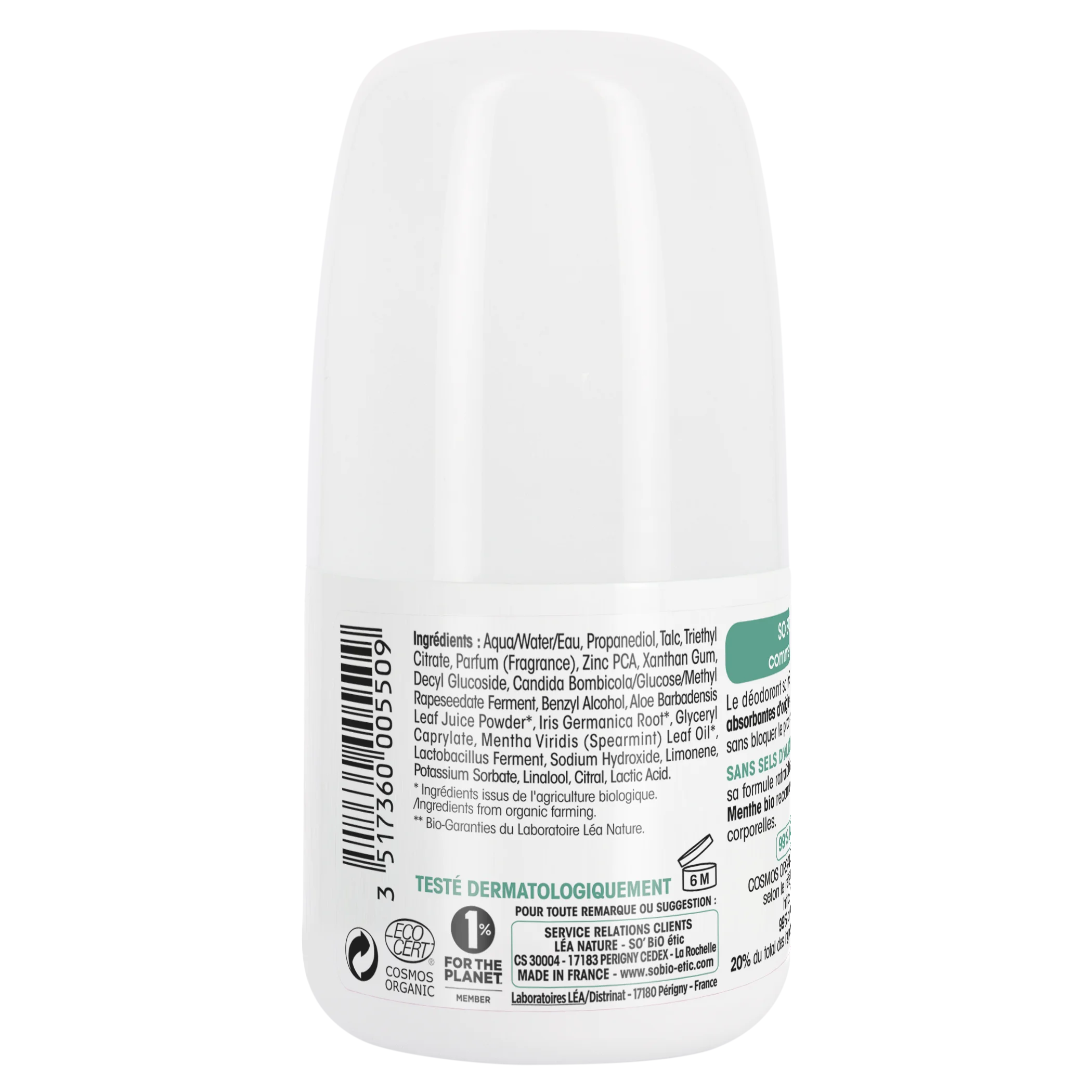 SO’BiO étic Desodorante roll-on 24h refrescante con menta BIO (50 ml) - eficaz hasta 24 horas