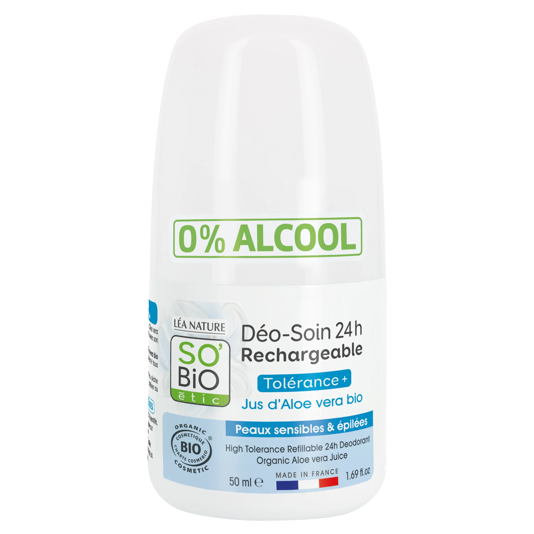 SO’BiO étic Desodorante roll-on 24h - Tolerance+ con Aloe vera BIO (50 ml) - eficaz hasta 24 horas