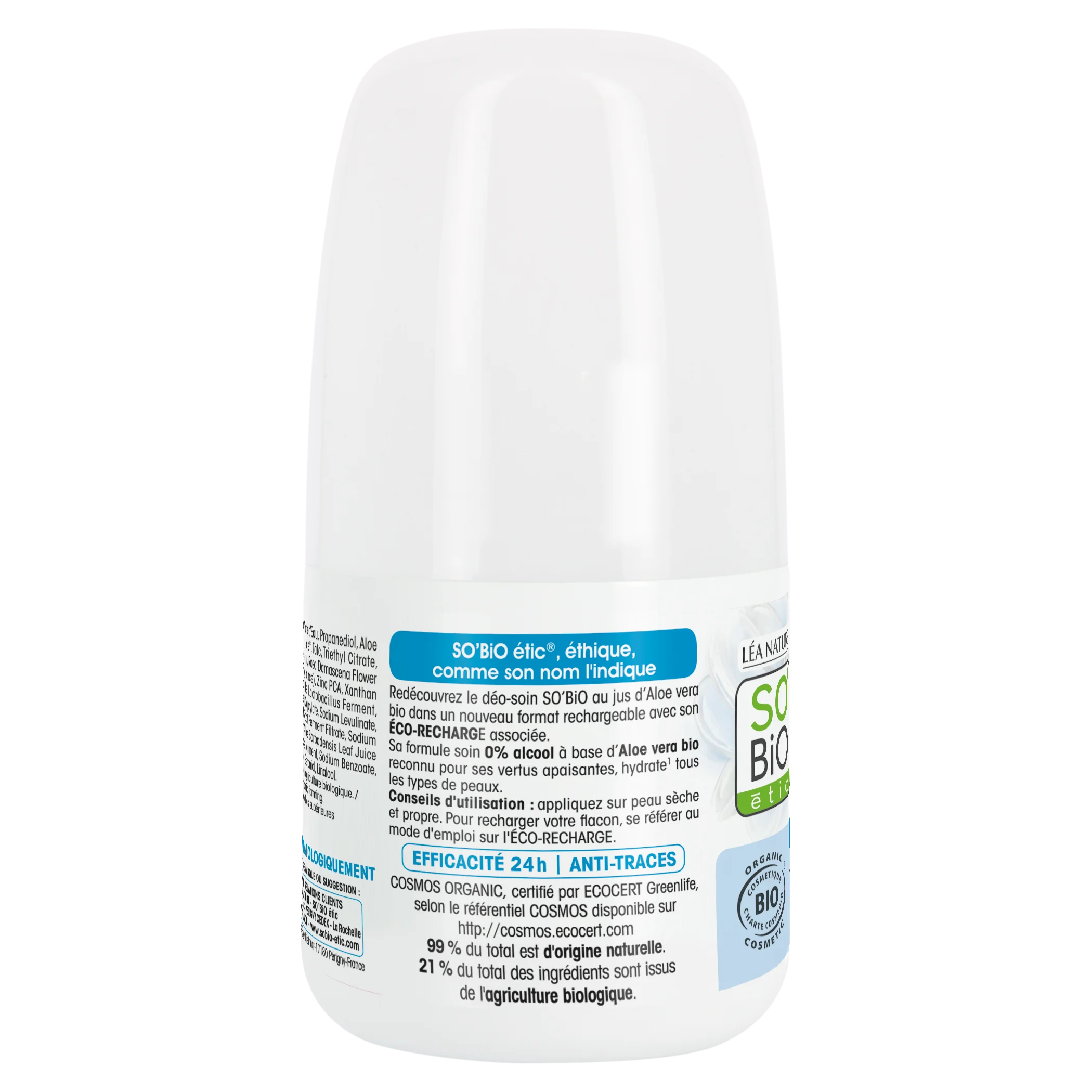 SO’BiO étic Desodorante roll-on 24h - Tolerance+ con Aloe vera BIO (50 ml) - eficaz hasta 24 horas
