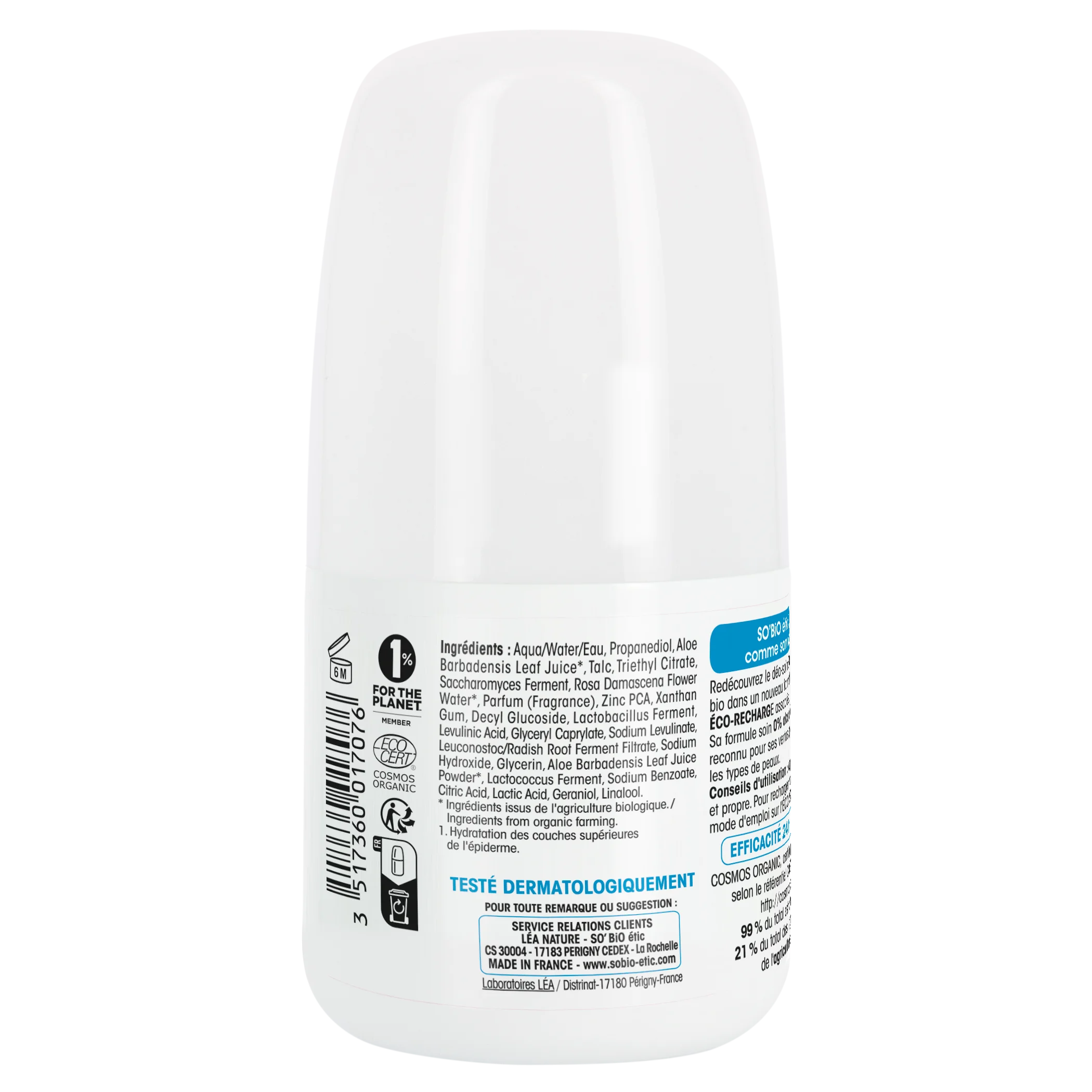 SO’BiO étic Desodorante roll-on 24h - Tolerance+ con Aloe vera BIO (50 ml) - eficaz hasta 24 horas