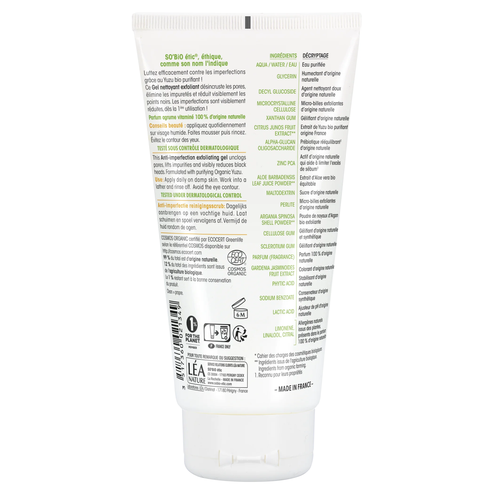 SO’BiO étic Gel exfoliante facial - Clean Yuzu BIO (150 ml) - ideal para piel grasa