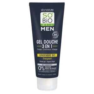 SO’BiO étic Gel de ducha MEN 3 en 1 - jengibre BIO energizante (200 ml) - para cuerpo, rostro y cabello