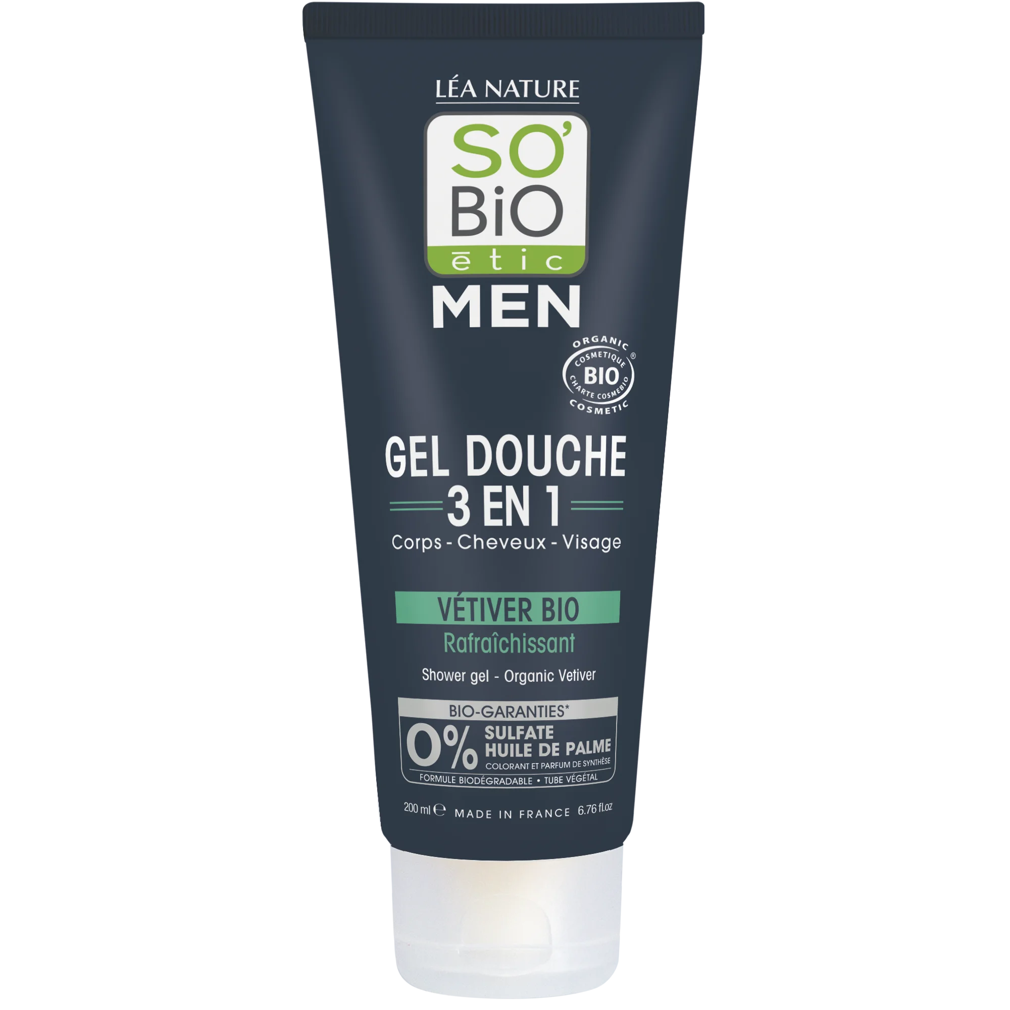 SO’BiO étic Gel de ducha MEN 3 en 1 - vetiver BIO refrescante (200 ml) - para cuerpo, rostro y cabello