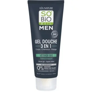 SO’BiO étic Gel de ducha MEN 3 en 1 - vetiver BIO refrescante (200 ml) - para cuerpo, rostro y cabello
