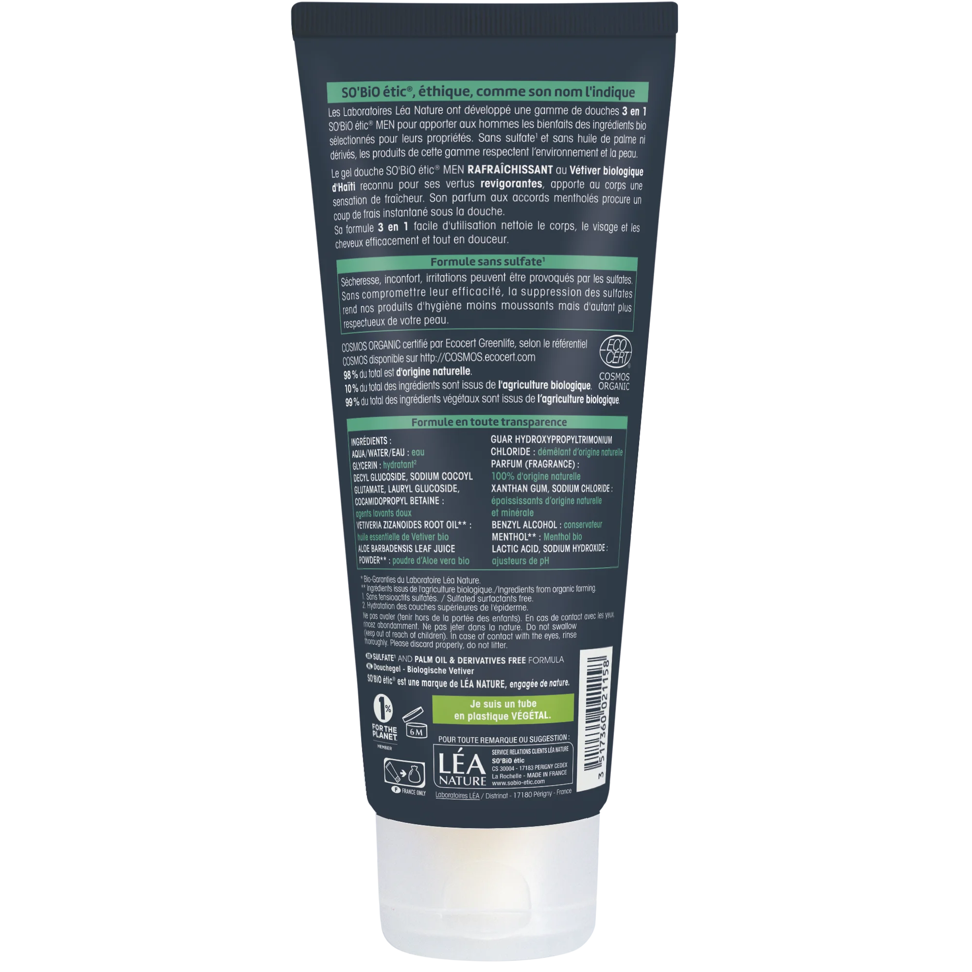 SO’BiO étic Gel de ducha MEN 3 en 1 - vetiver BIO refrescante (200 ml) - para cuerpo, rostro y cabello