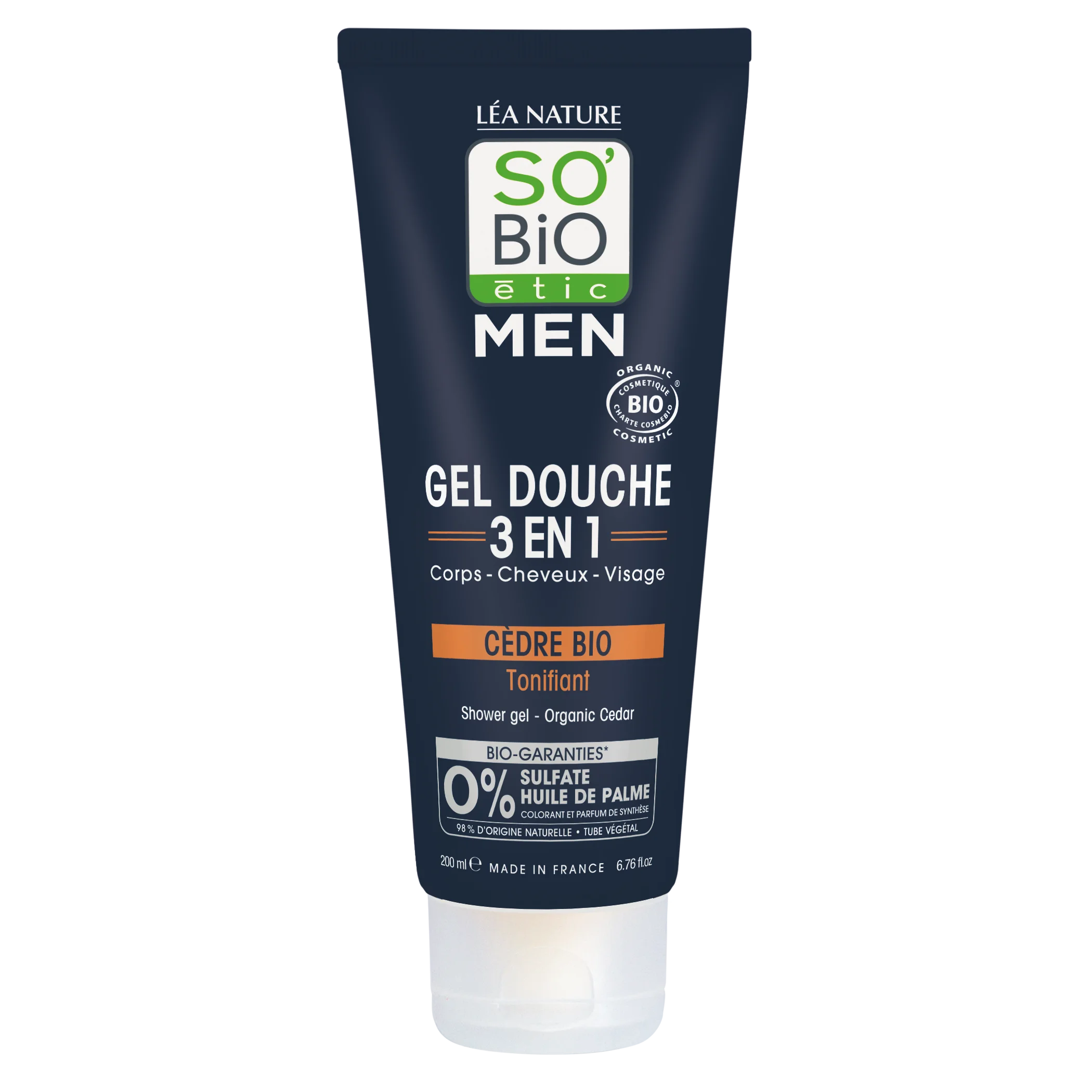 SO’BiO étic Gel de ducha MEN 3 en 1 - cedro tonificante BIO (200 ml) - para cuerpo, rostro y cabello