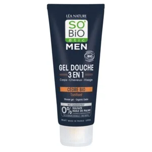 SO’BiO étic Gel de ducha MEN 3 en 1 - cedro tonificante BIO (200 ml) - para cuerpo, rostro y cabello