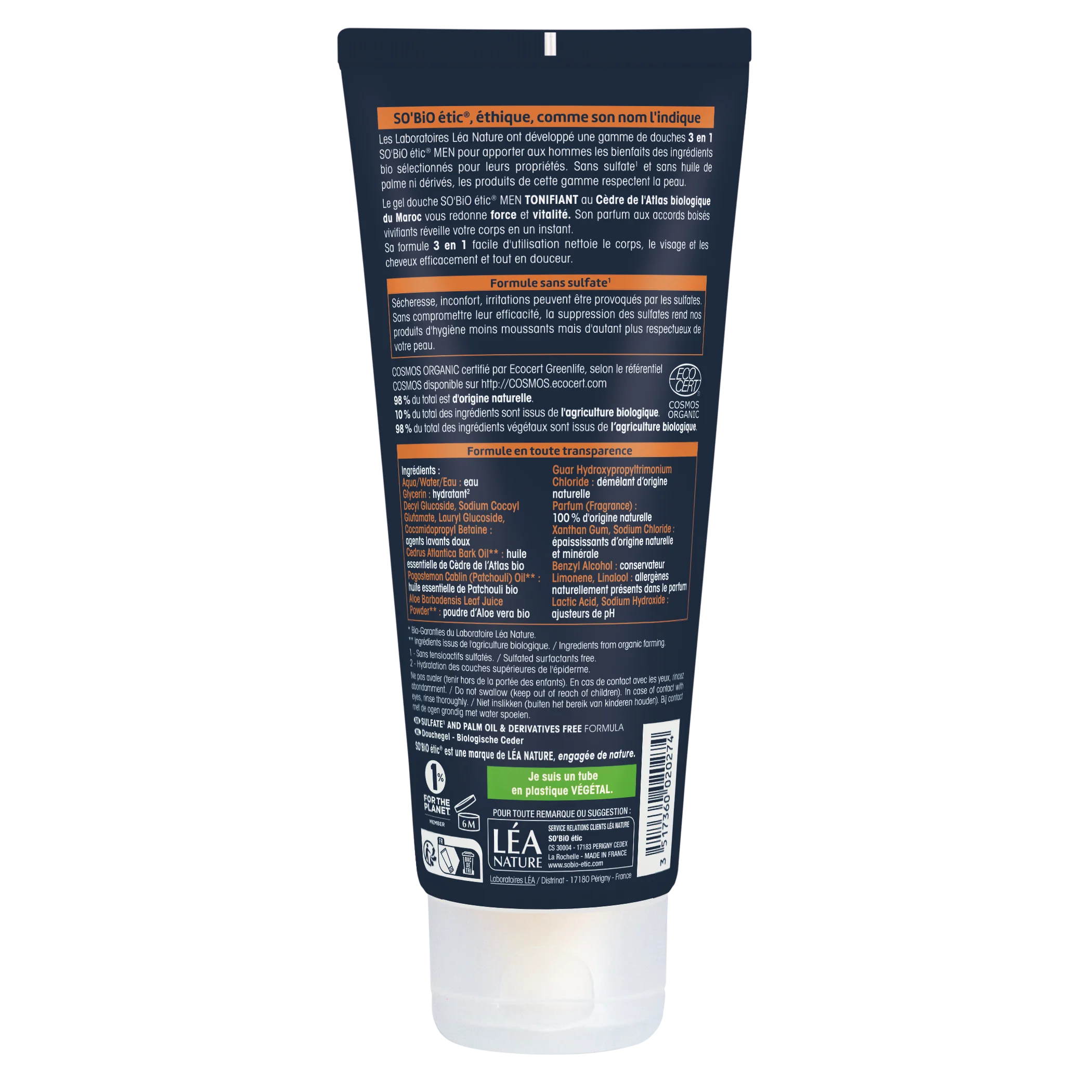 SO’BiO étic Gel de ducha MEN 3 en 1 - cedro tonificante BIO (200 ml) - para cuerpo, rostro y cabello