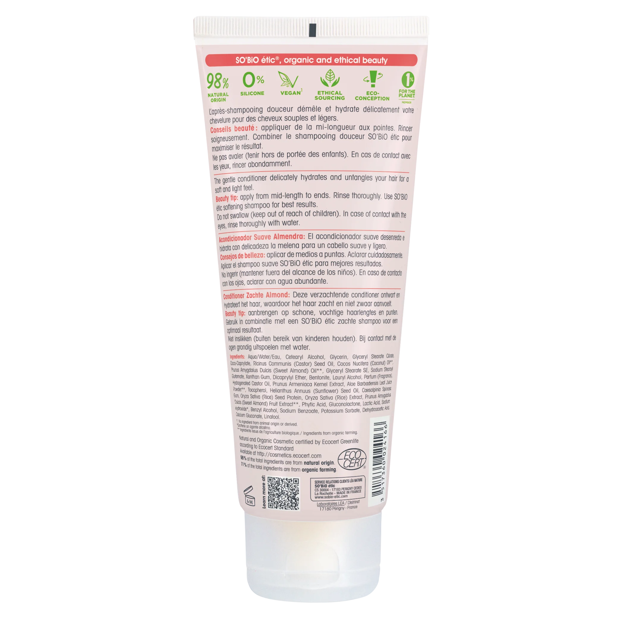 SO’BiO étic Acondicionador capilar con leche de almendras y proteínas de arroz BIO (200 ml) - para todo tipo de cabello