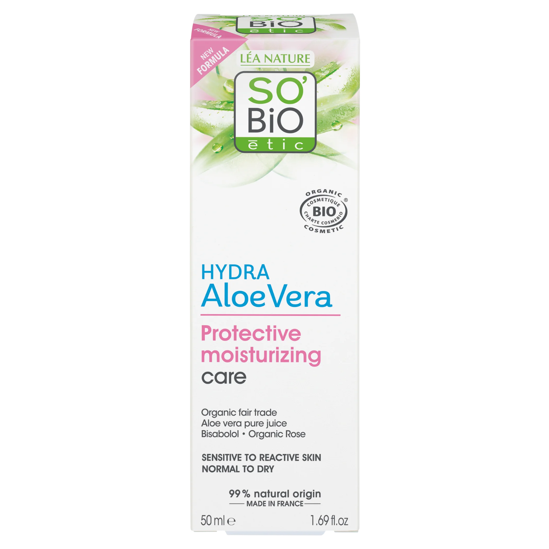 SO’BiO étic Crema protectora para piel sensible con Aloe vera 5 en 1 BIO (50 ml) - hidrata y calma la piel