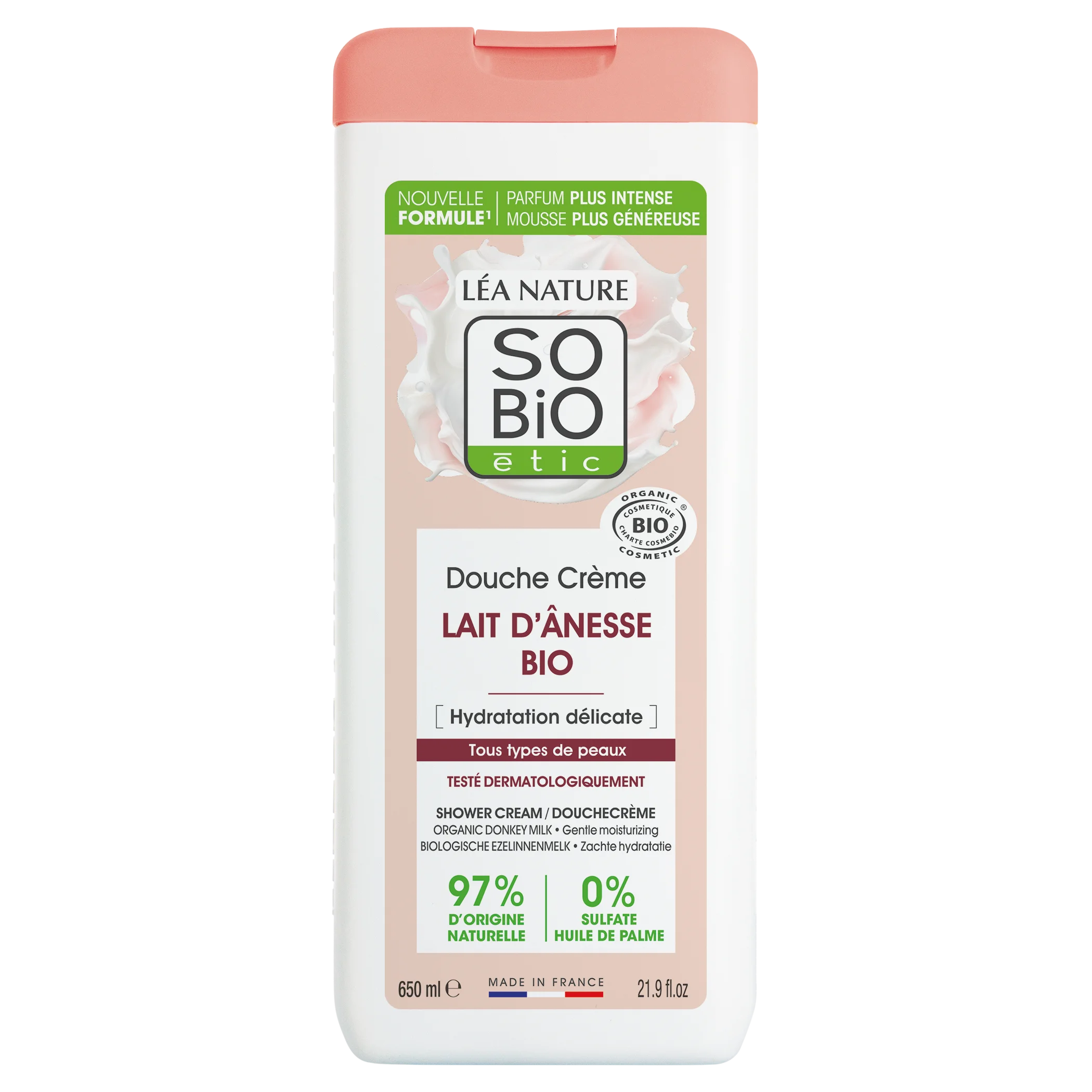 SO’BiO étic Crema de ducha suavemente hidratante con leche de burra BIO (650 ml) - todo tipo de piel