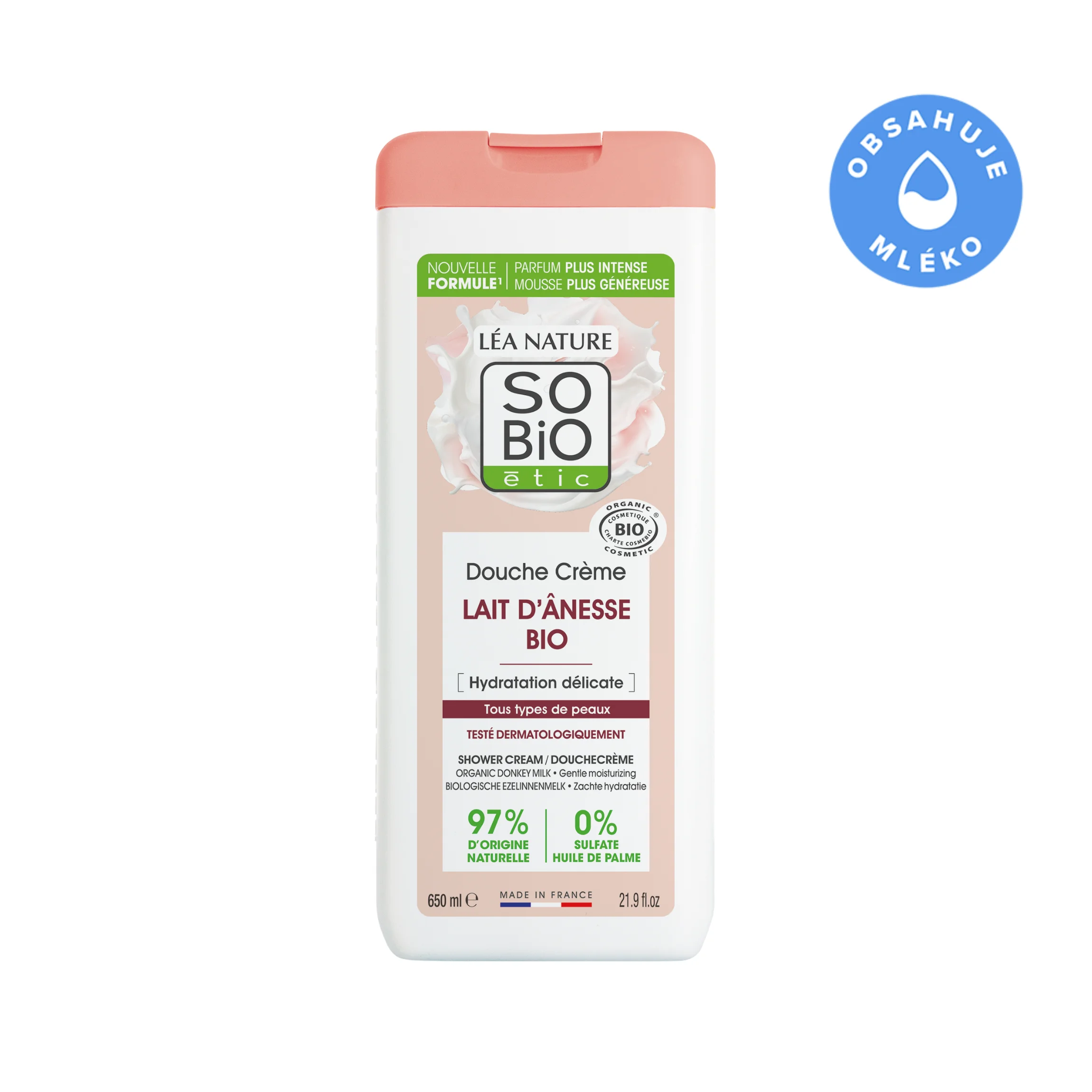 SO’BiO étic Crema de ducha suavemente hidratante con leche de burra BIO (650 ml) - todo tipo de piel