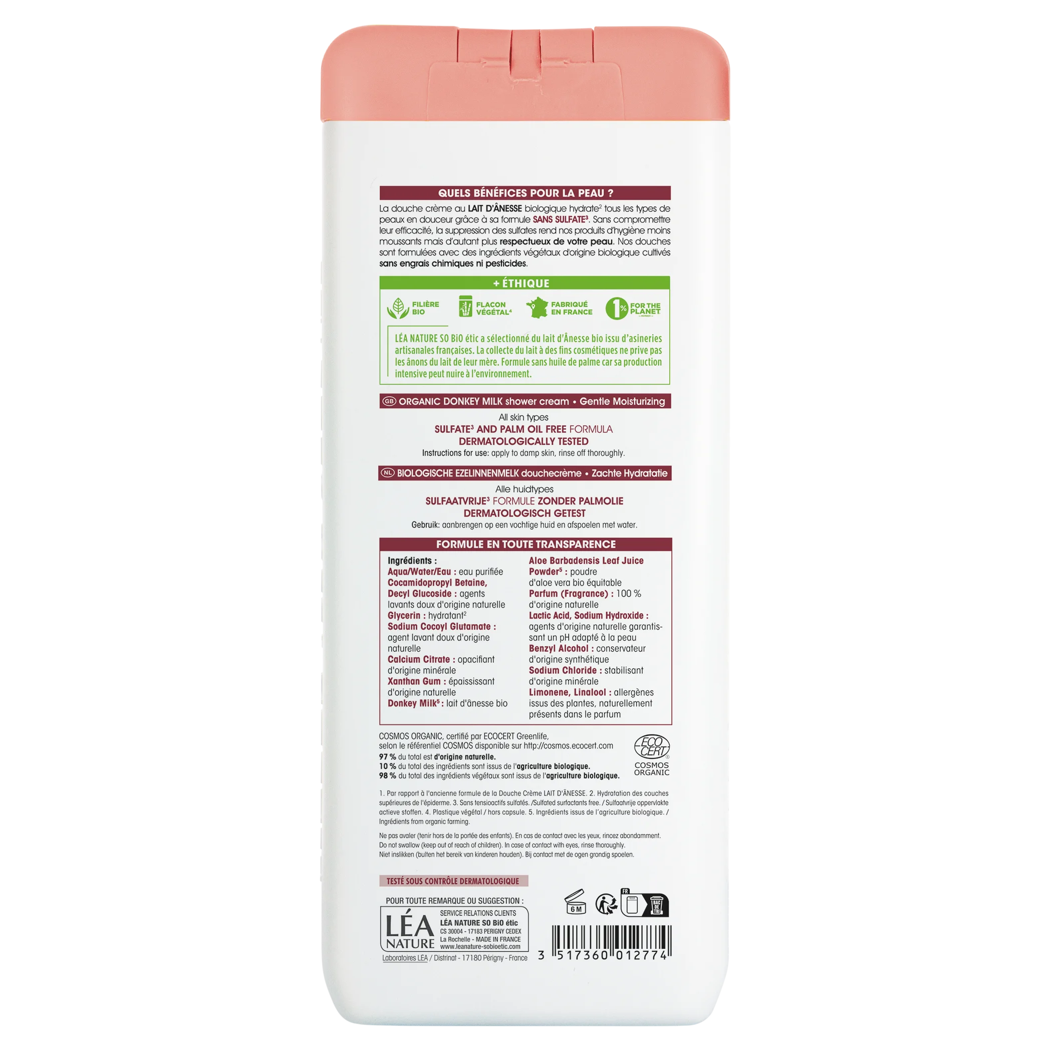 SO’BiO étic Crema de ducha suavemente hidratante con leche de burra BIO (650 ml) - todo tipo de piel
