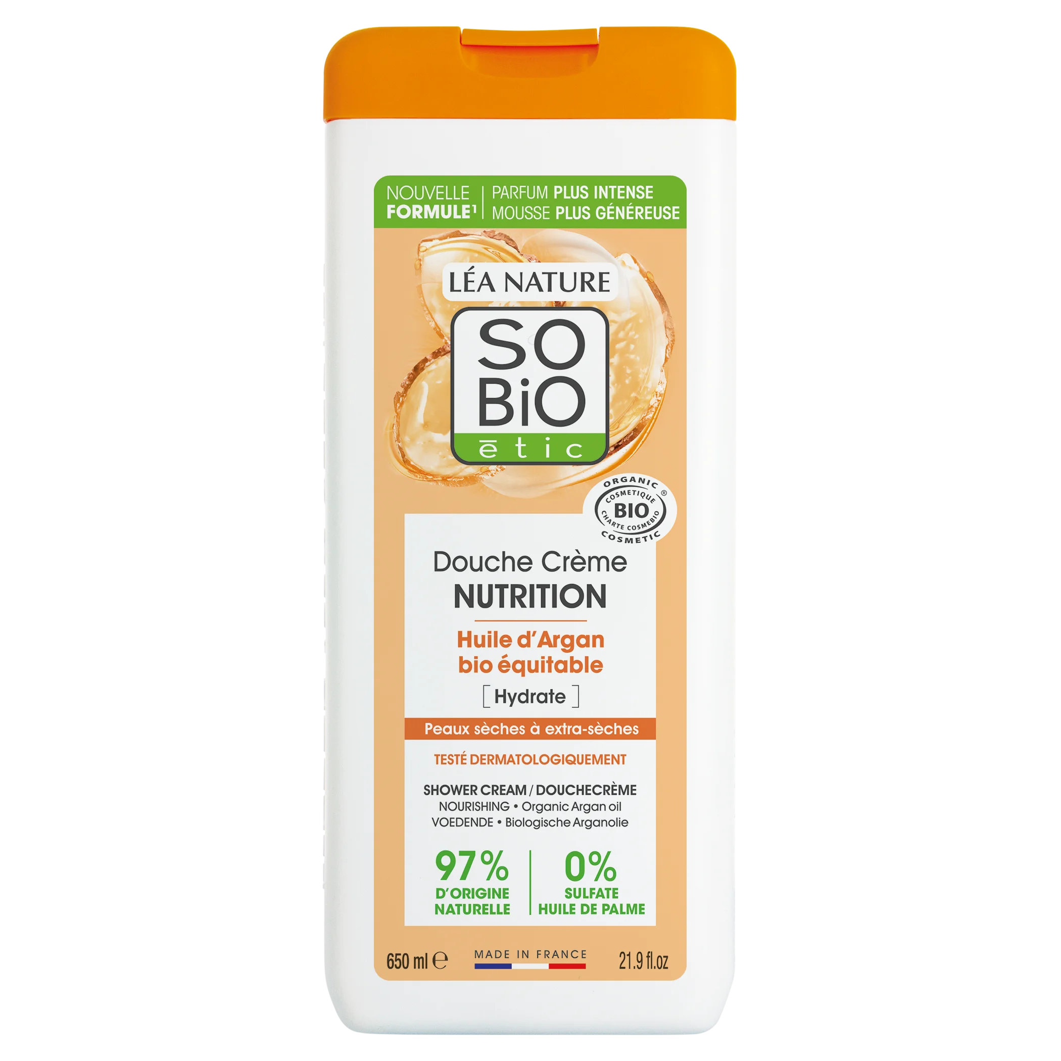 SO’BiO étic Crema de ducha NUTRITION con aceite de argán BIO (650 ml) - ideal para piel seca