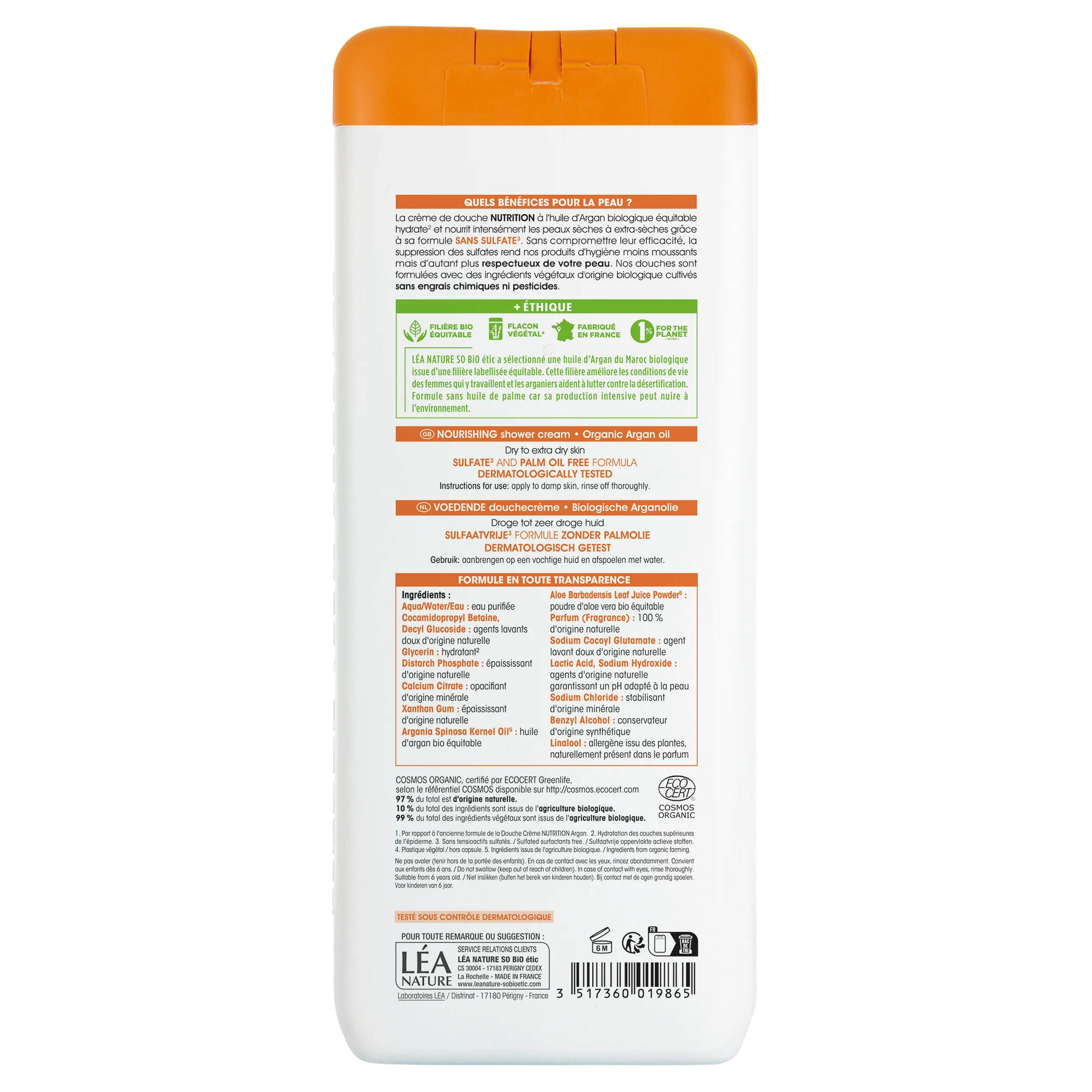 SO’BiO étic Crema de ducha NUTRITION con aceite de argán BIO (650 ml) - ideal para piel seca