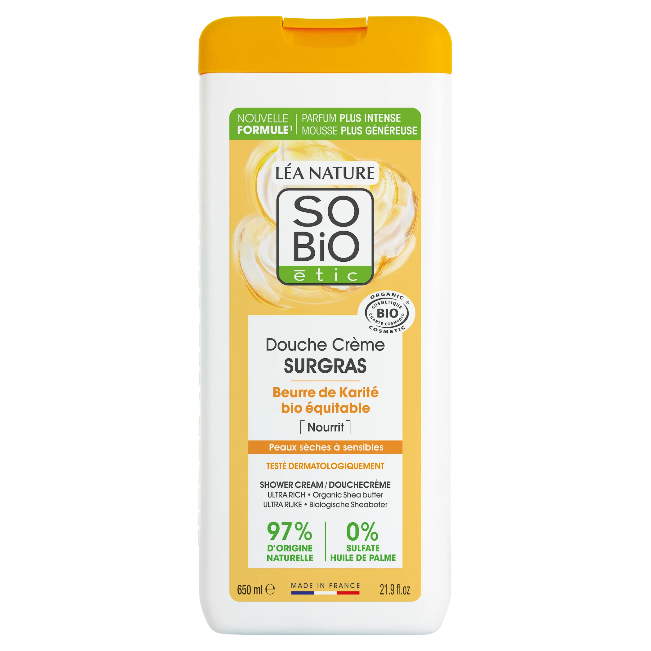 SO’BiO étic Crema de ducha SURGRAS con manteca de karité BIO (650 ml) - ideal para piel seca y sensible