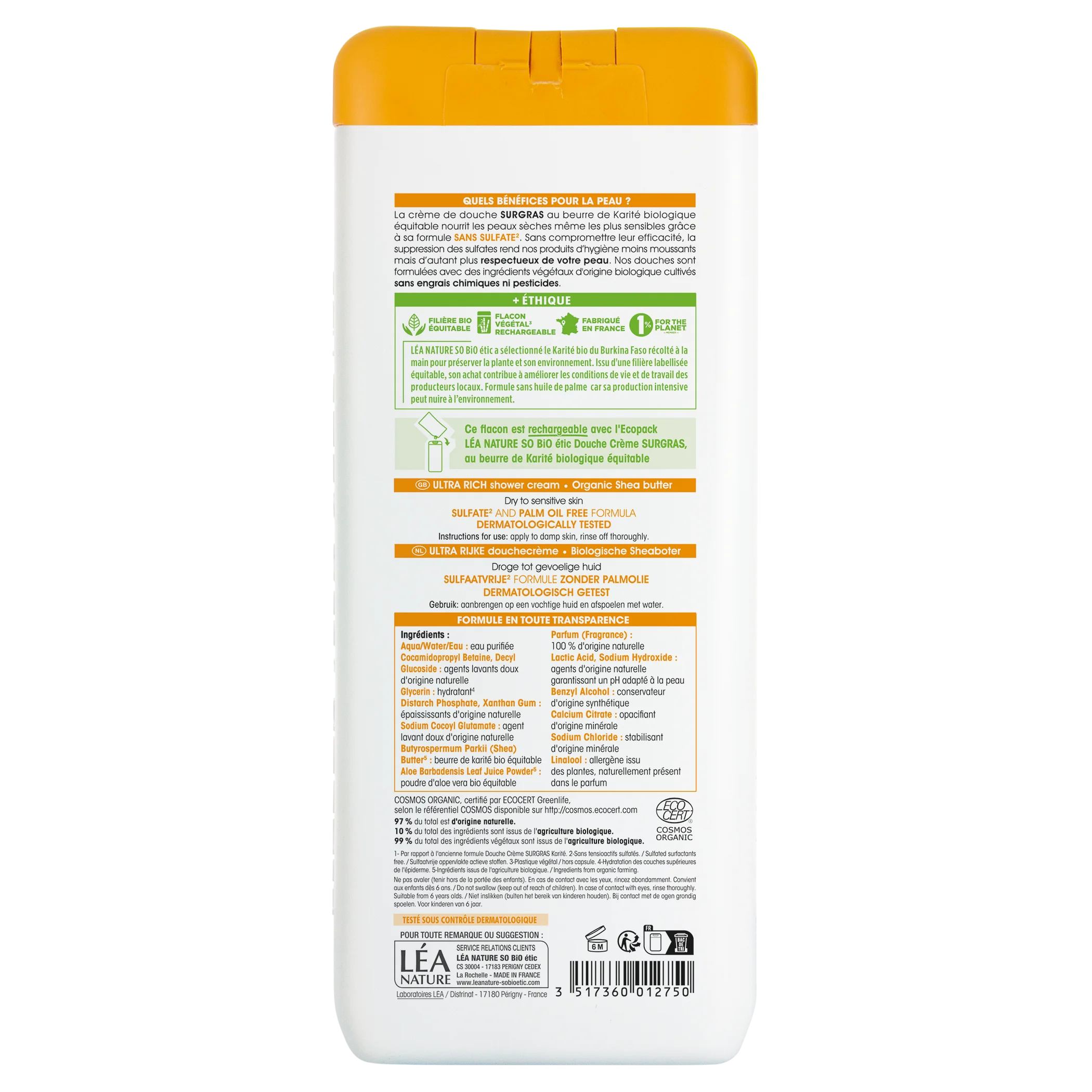 SO’BiO étic Crema de ducha SURGRAS con manteca de karité BIO (650 ml) - ideal para piel seca y sensible