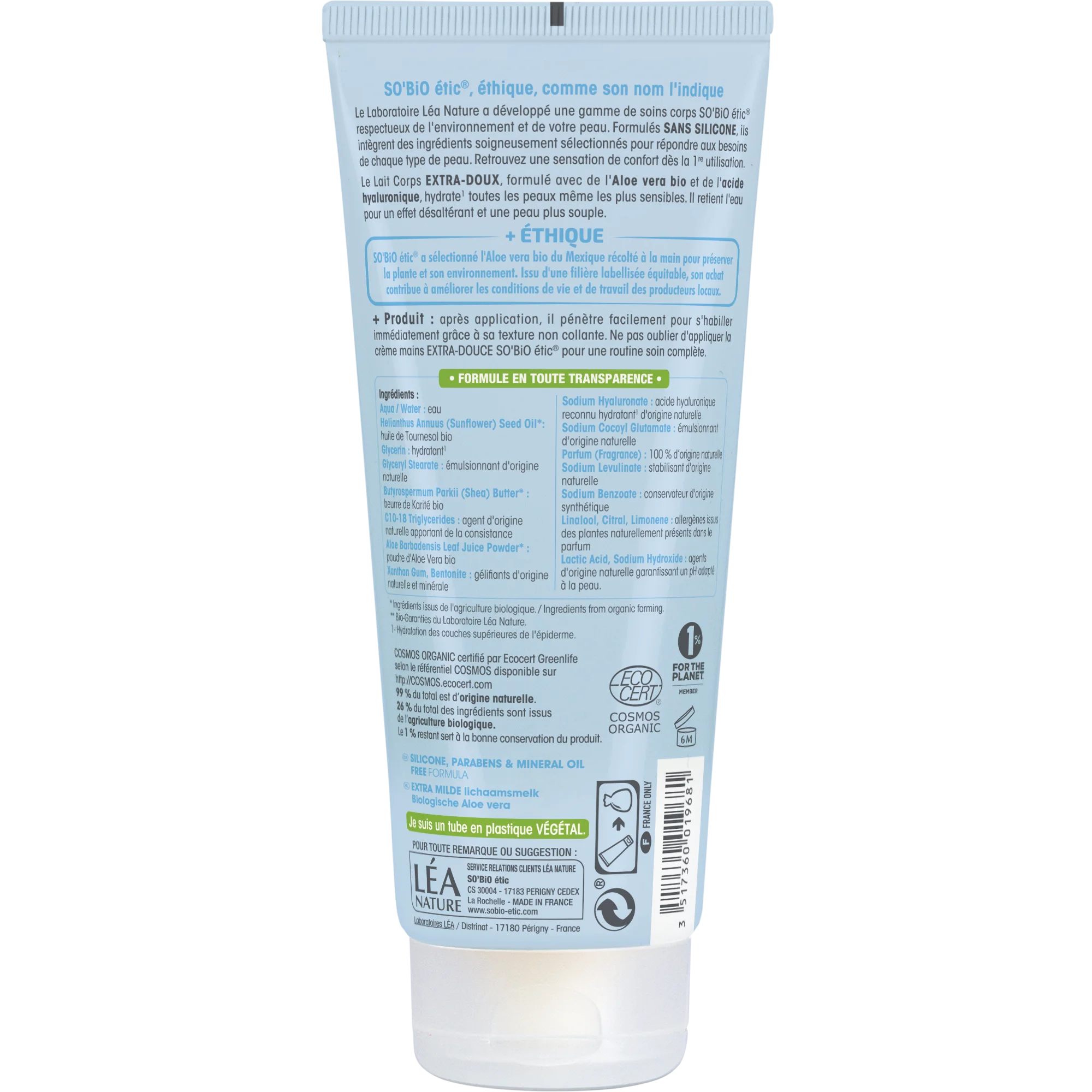 SO’BiO étic Leche corporal extra hidratante con Aloe vera y hialurón BIO (200 ml) - con ácido hialurónico