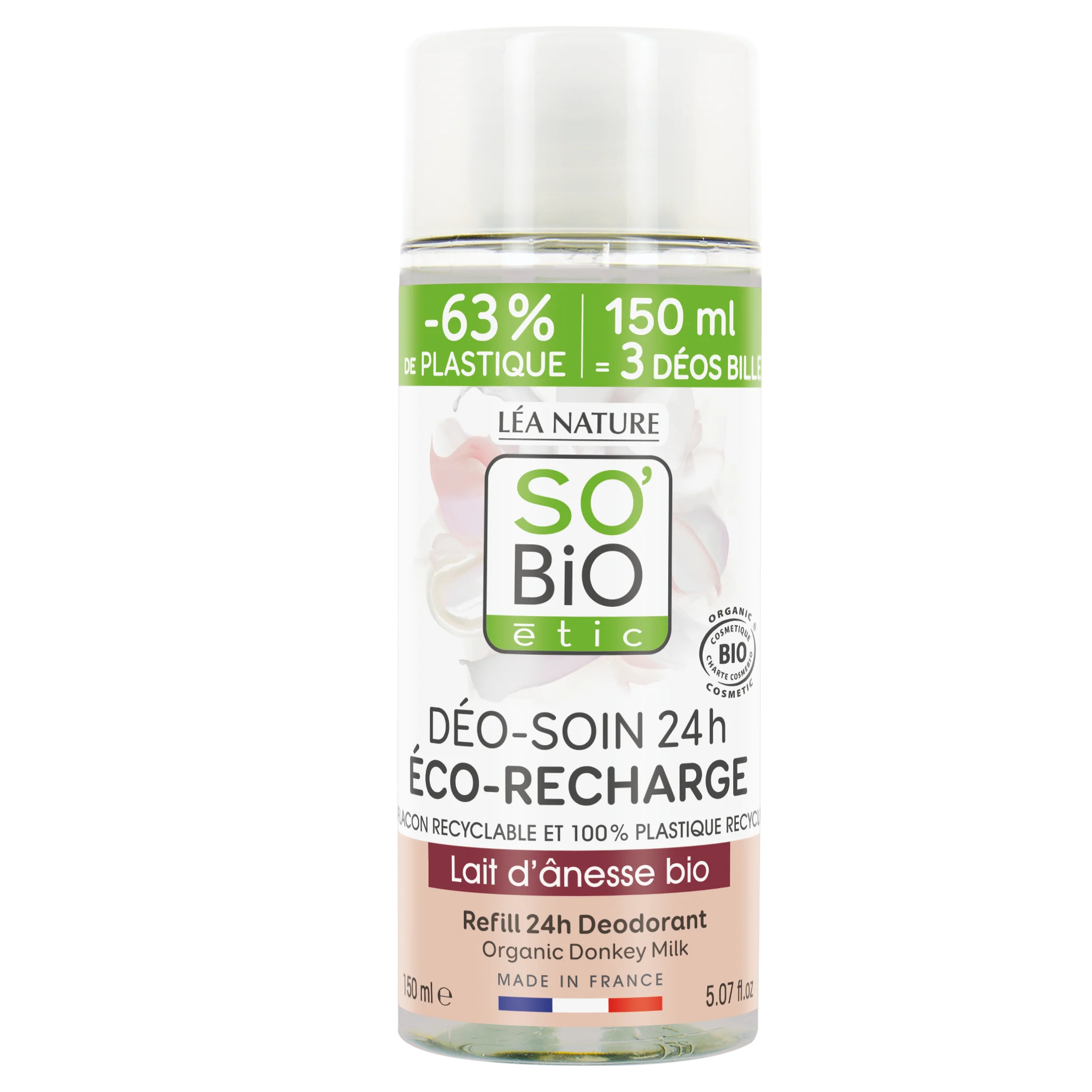 SO’BiO étic Recambio para desodorante roll-on hidratante 24 h con leche de burra BIO (150 ml) - un recambio sustituye a tres roll-on